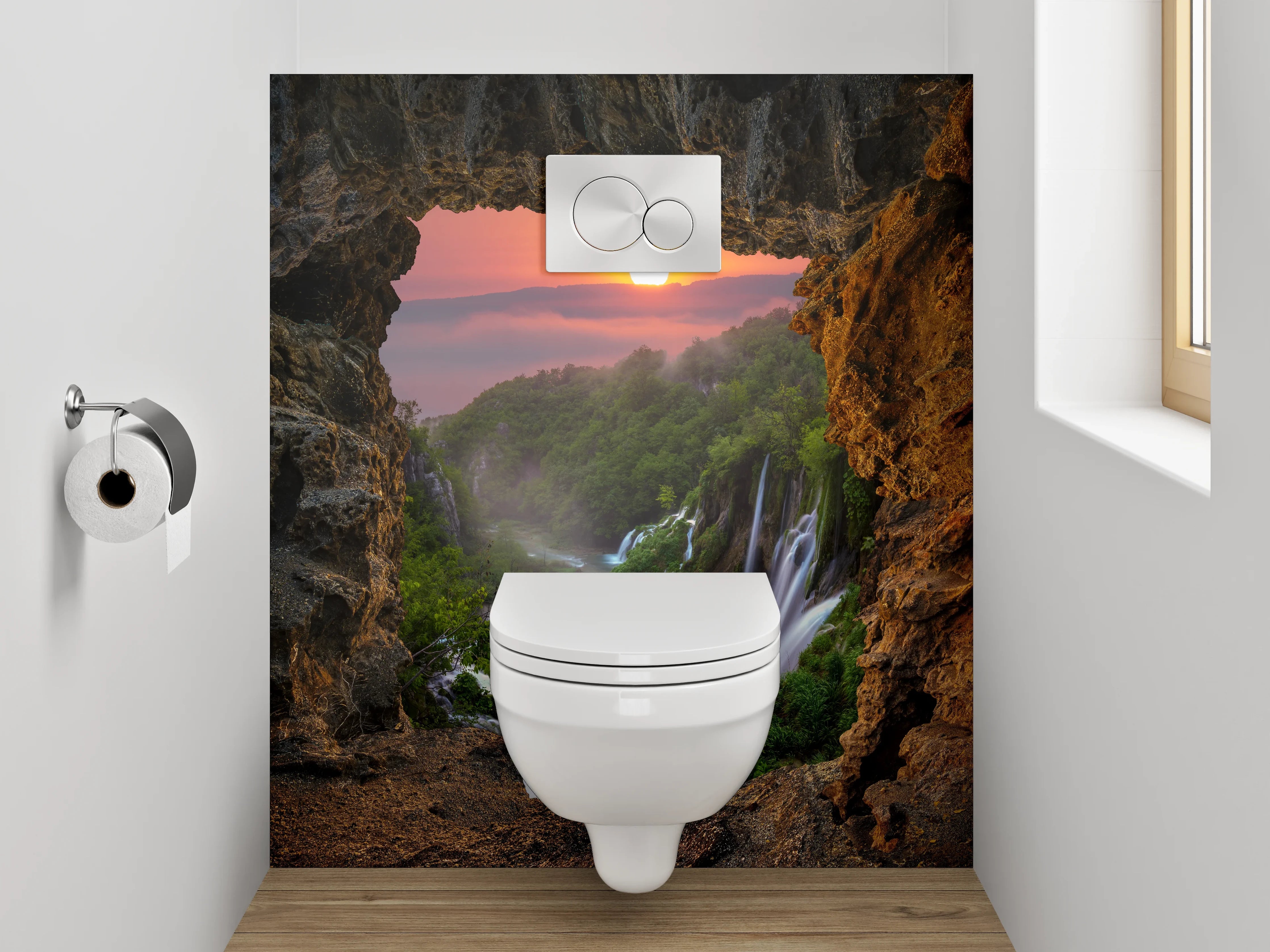 WC-Rückwand - Sonnenuntergang am Wasserfall Felsblick