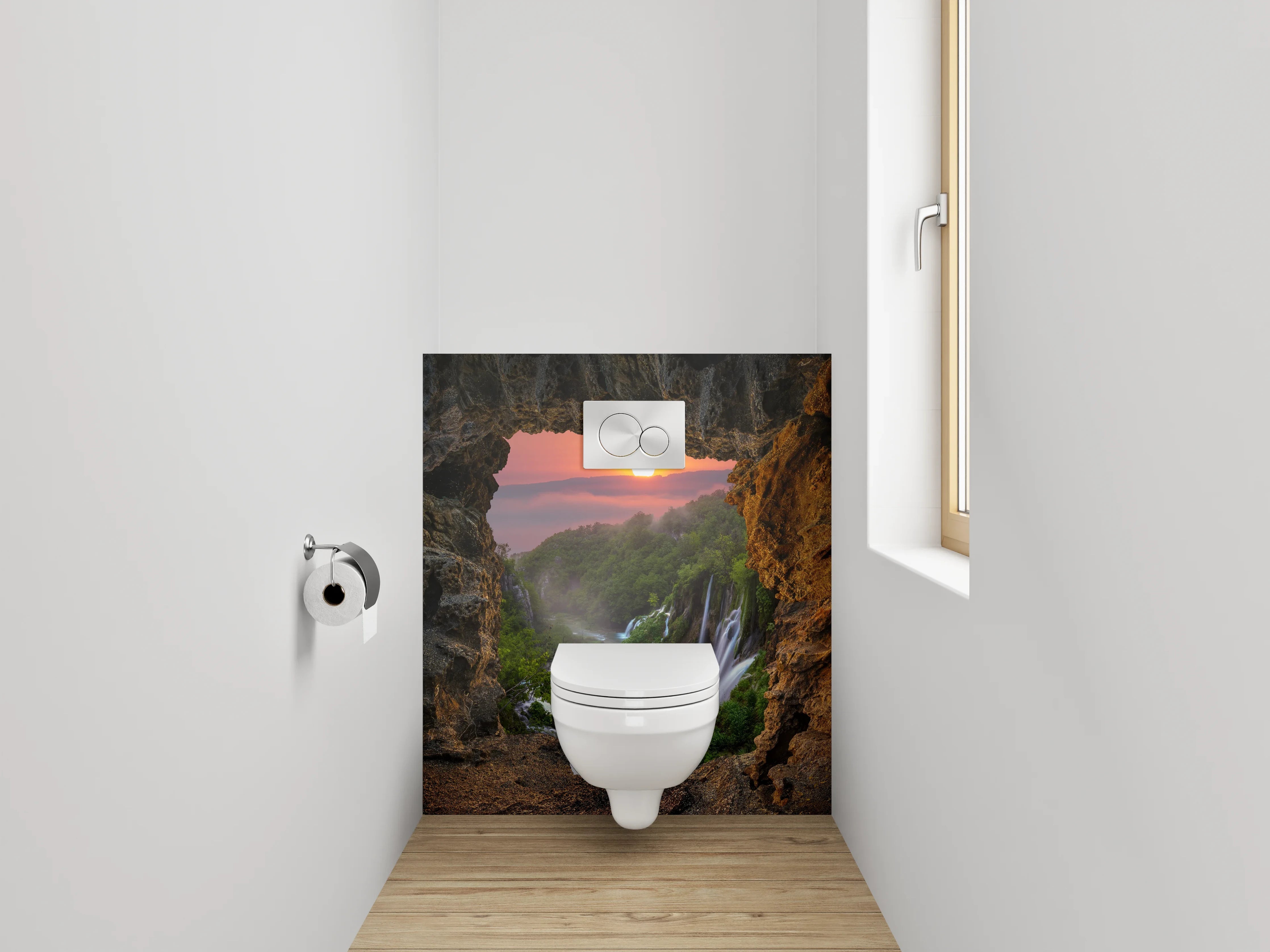 WC-Rückwand - Sonnenuntergang am Wasserfall Felsblick