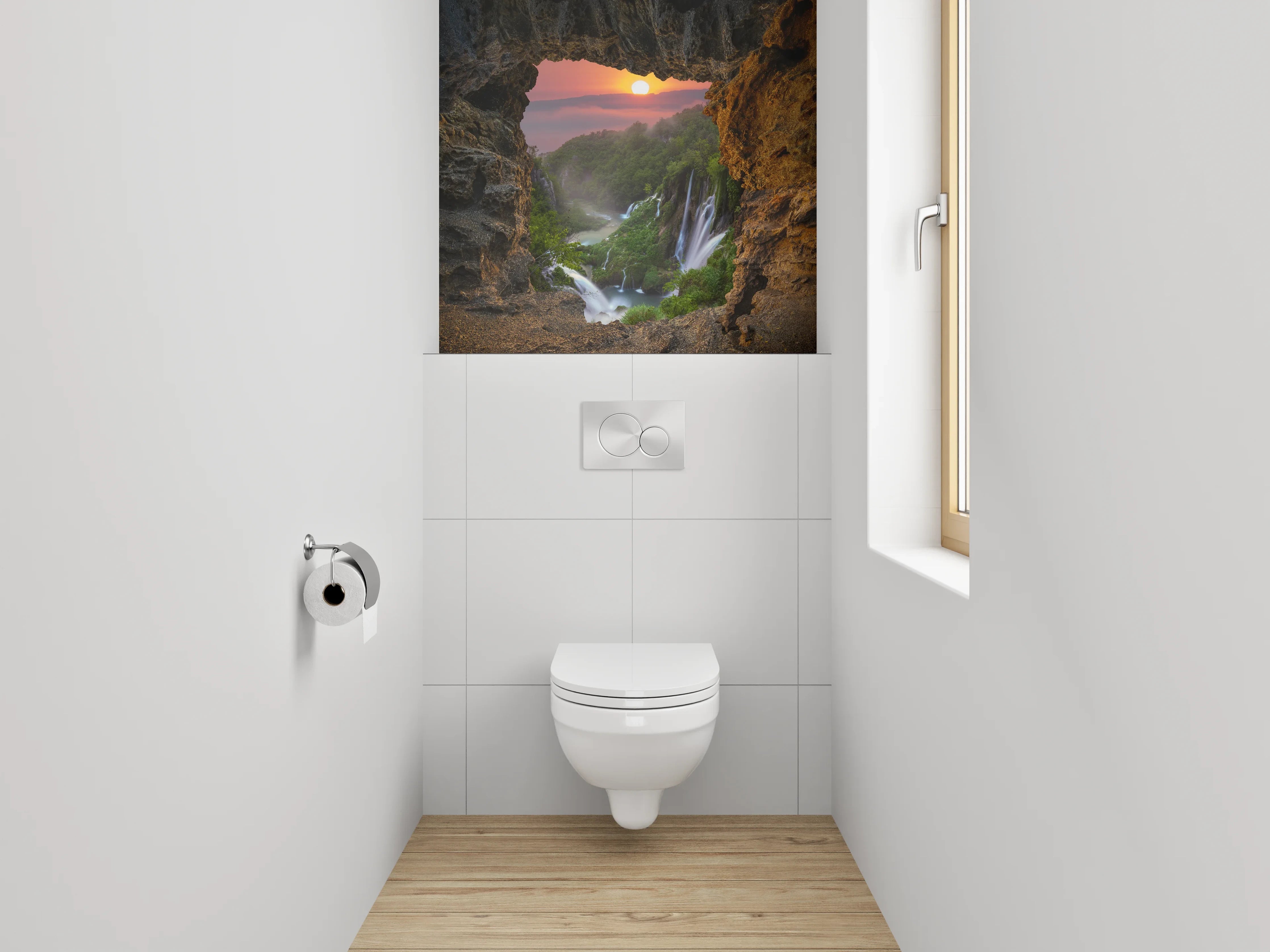 WC-Rückwand - Sonnenuntergang am Wasserfall Felsblick