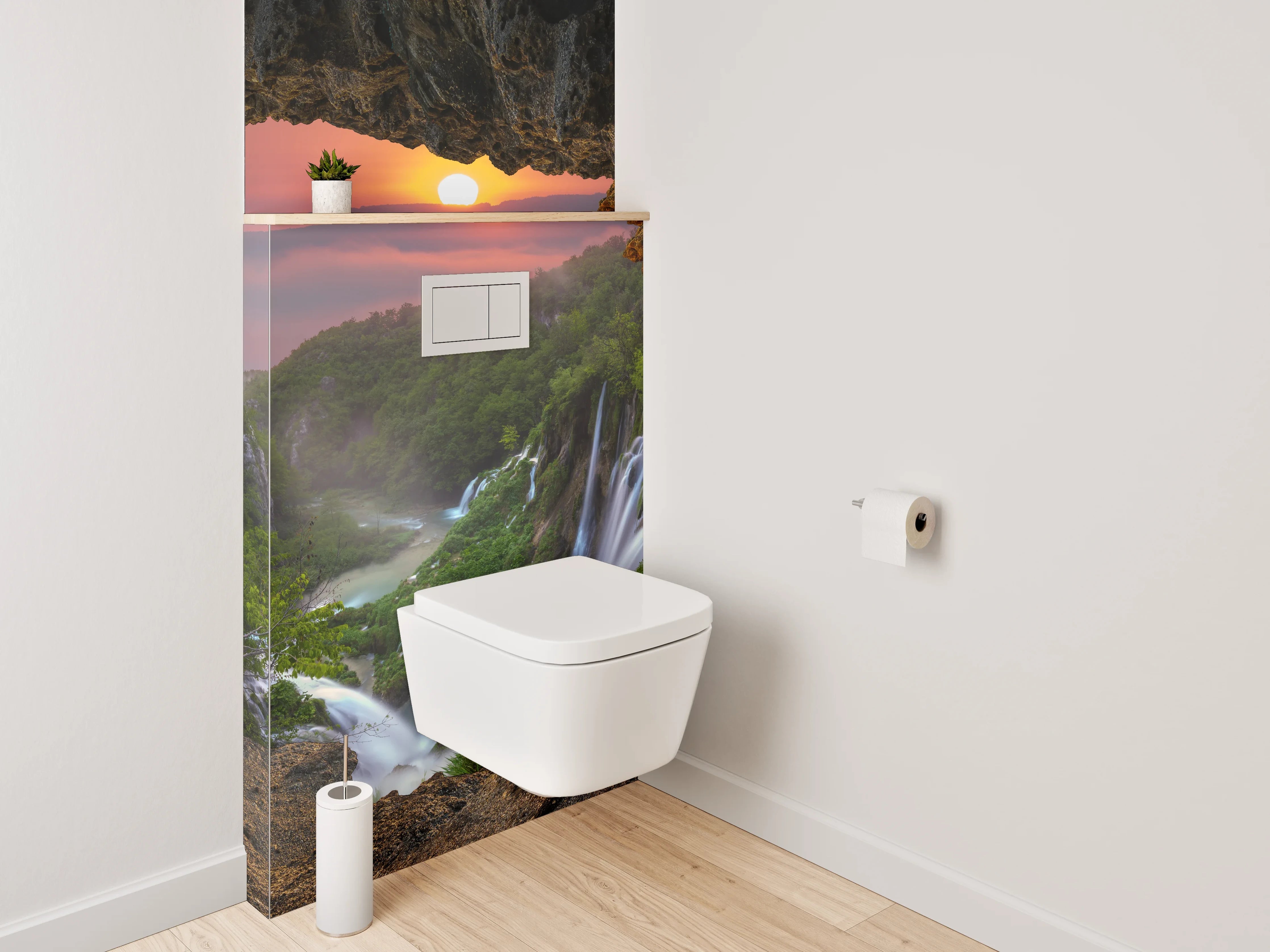 WC-Rückwand - Sonnenuntergang am Wasserfall Felsblick