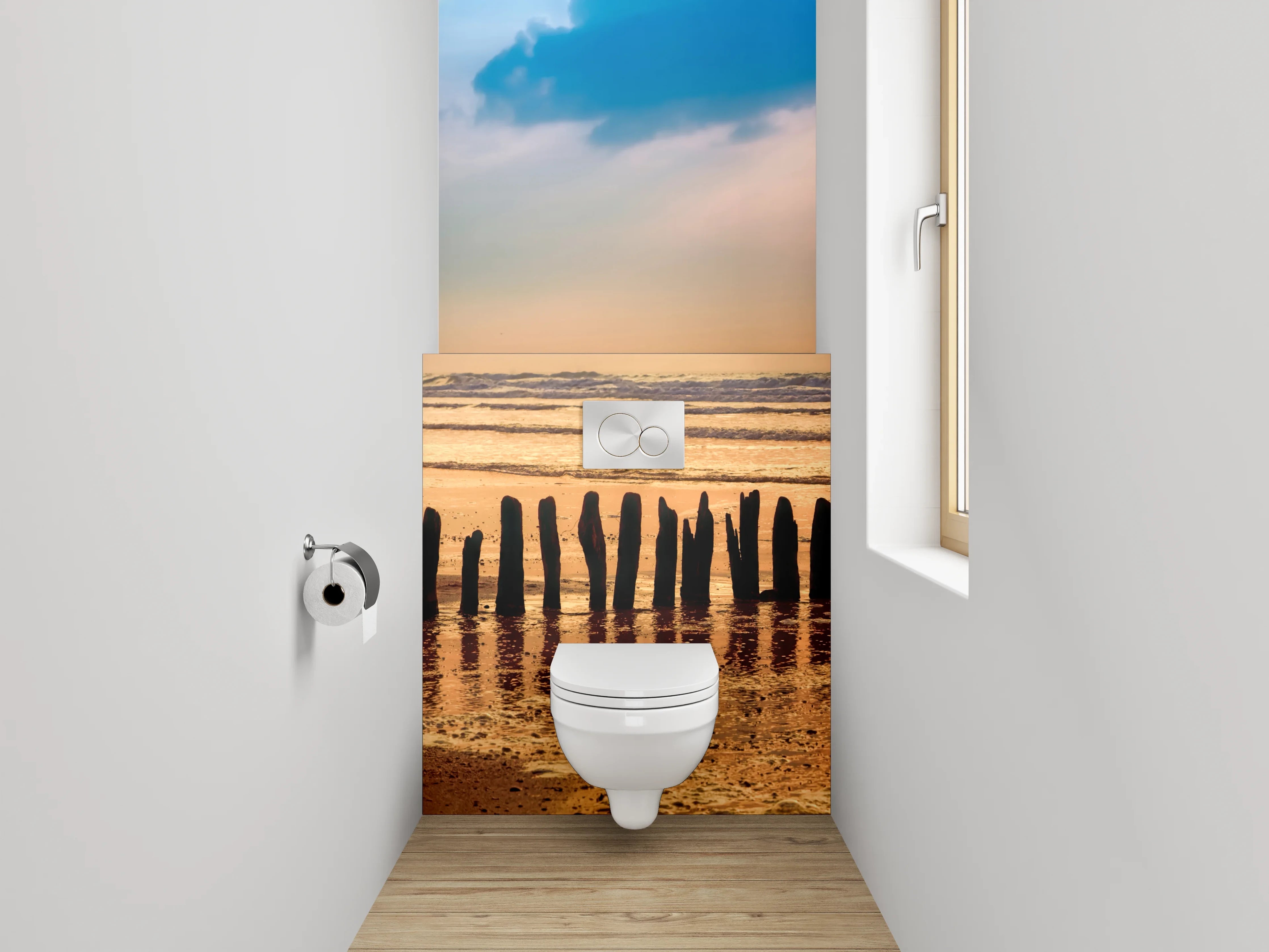 WC-Rückwand - Sonnenuntergang am ruhigen Sandstrand