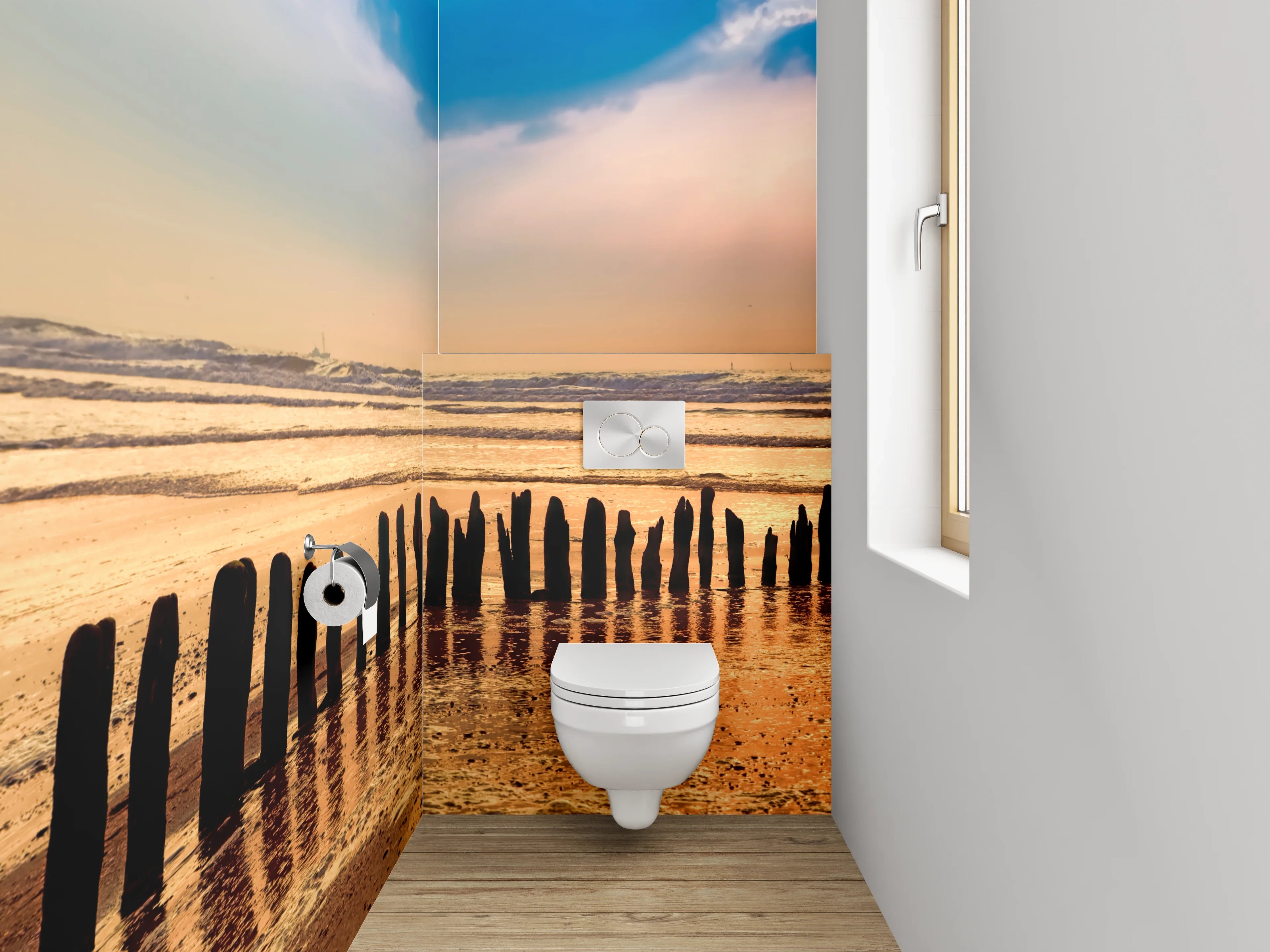 WC-Rückwand - Sonnenuntergang am ruhigen Sandstrand