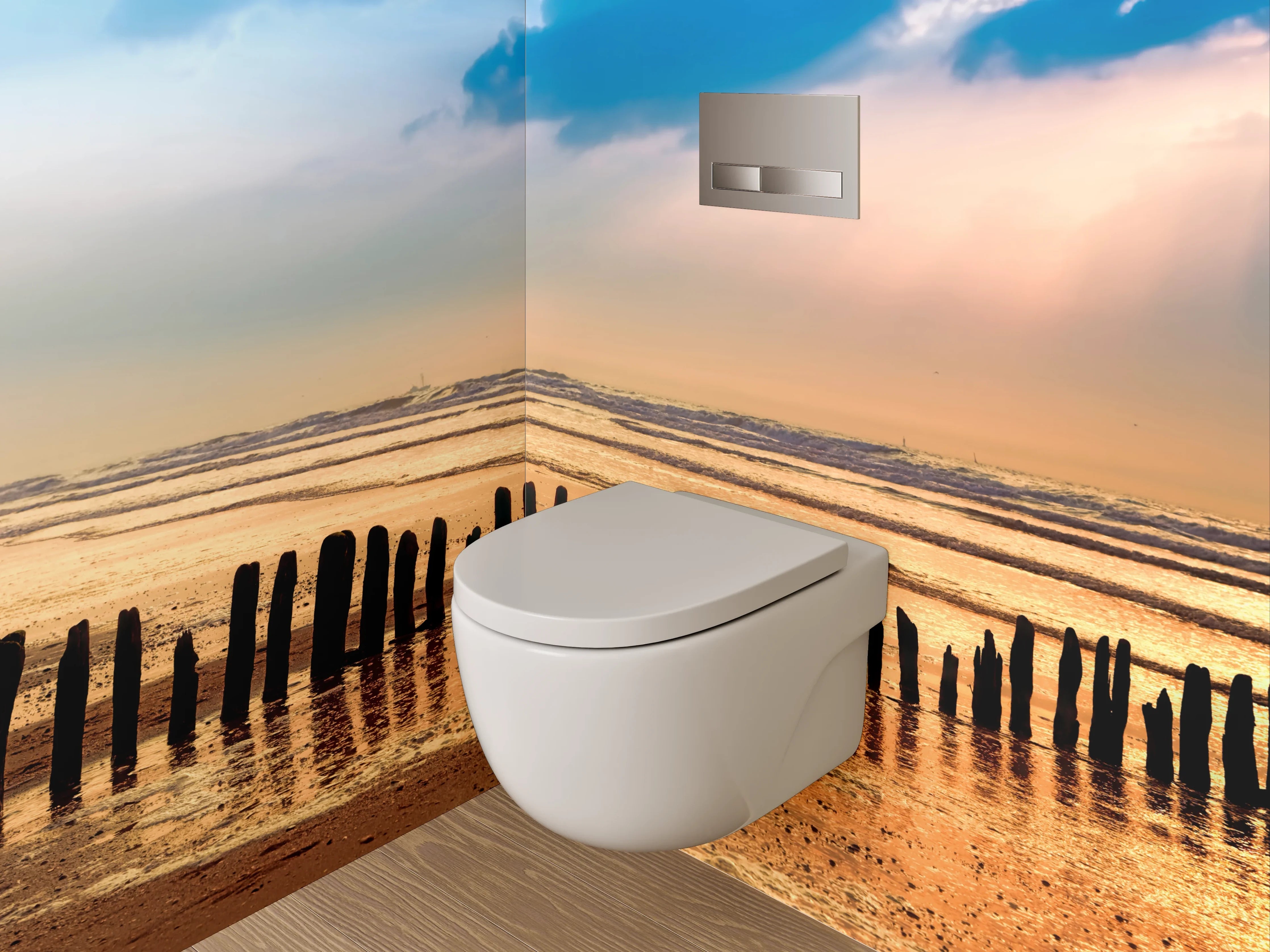 WC-Rückwand - Sonnenuntergang am ruhigen Sandstrand