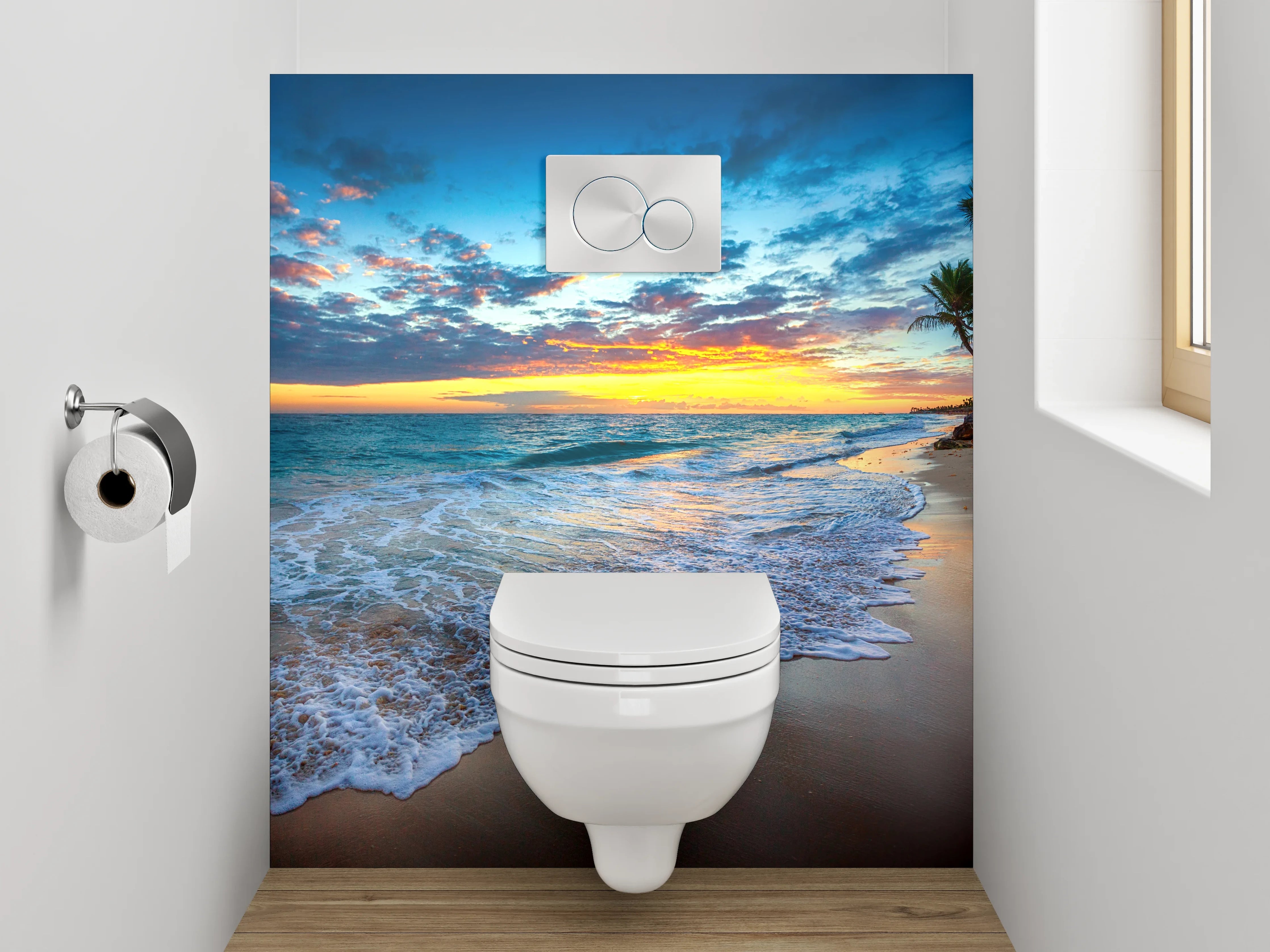 WC-Rückwand - Sonnenuntergang am tropischen Palmenstrand