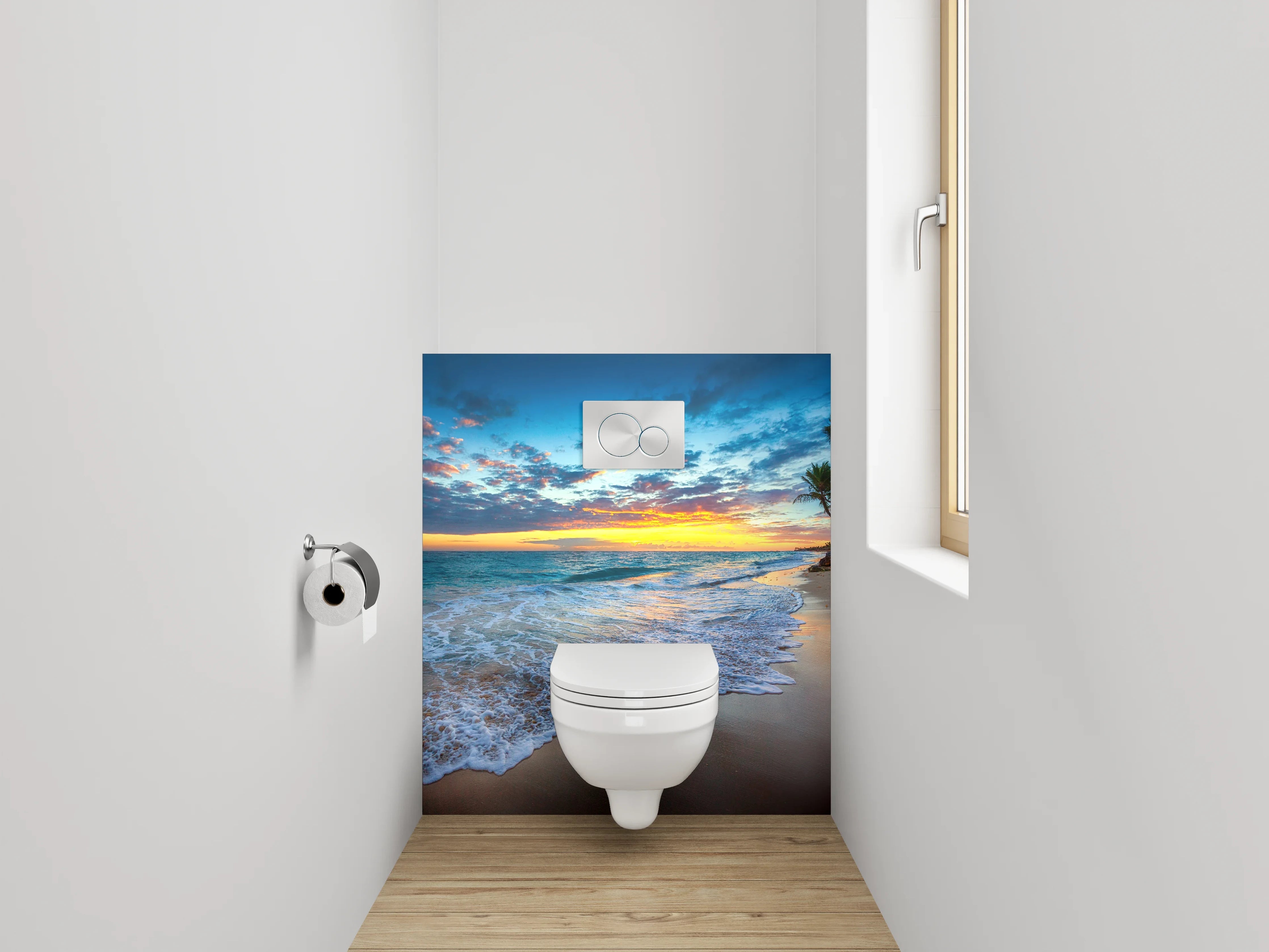 WC-Rückwand - Sonnenuntergang am tropischen Palmenstrand