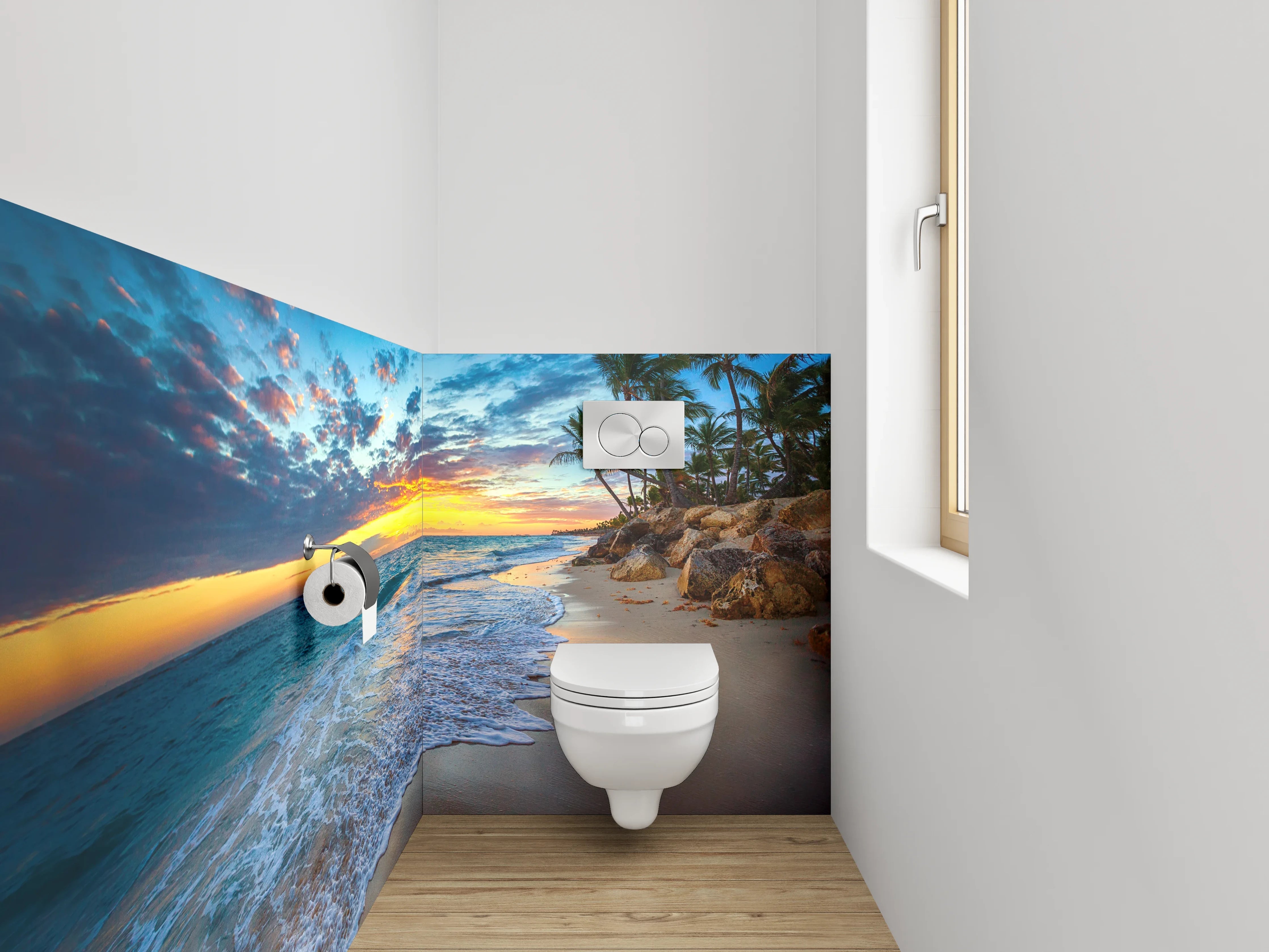 WC-Rückwand - Sonnenuntergang am tropischen Palmenstrand