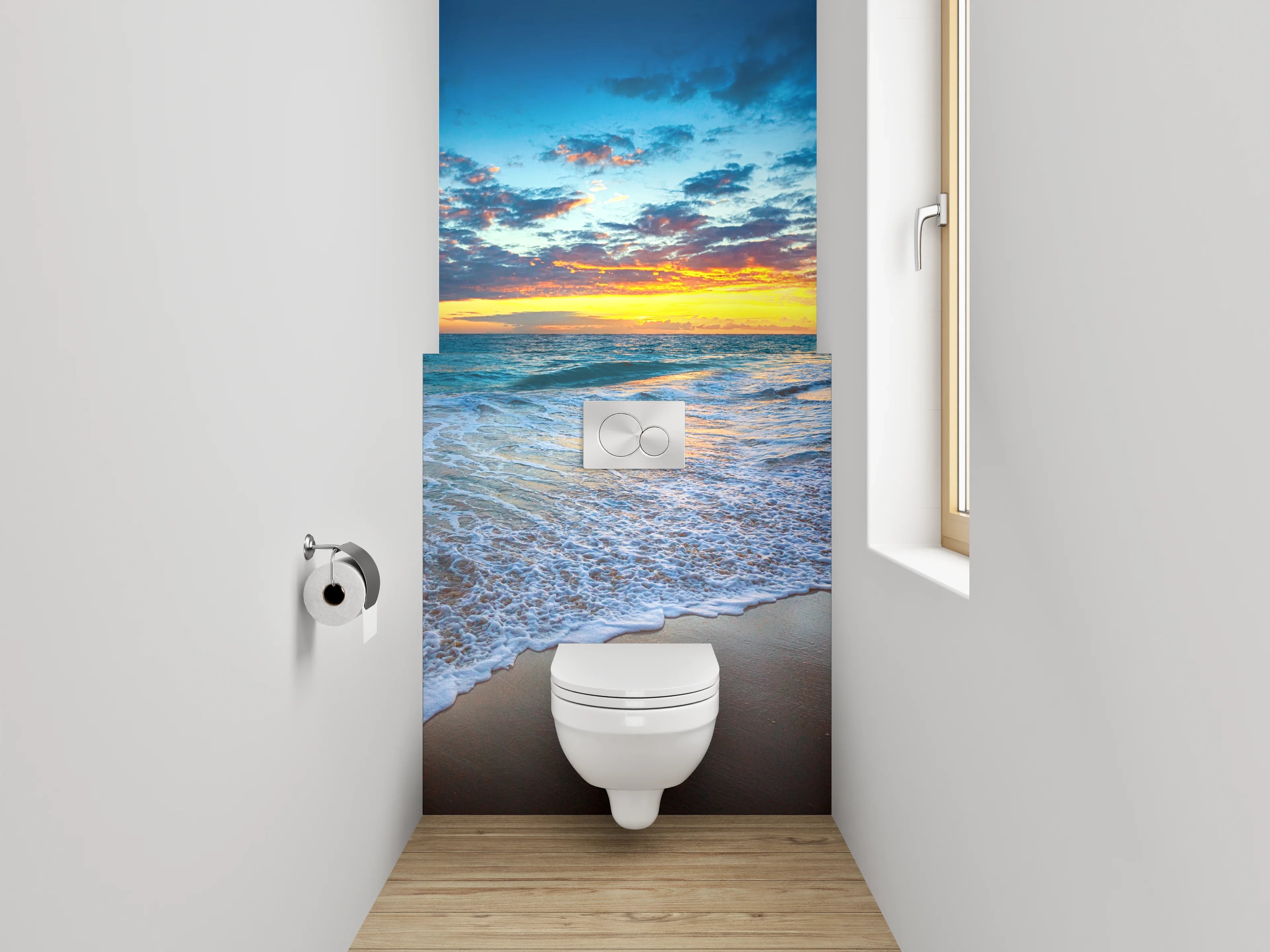 WC-Rückwand - Sonnenuntergang am tropischen Palmenstrand