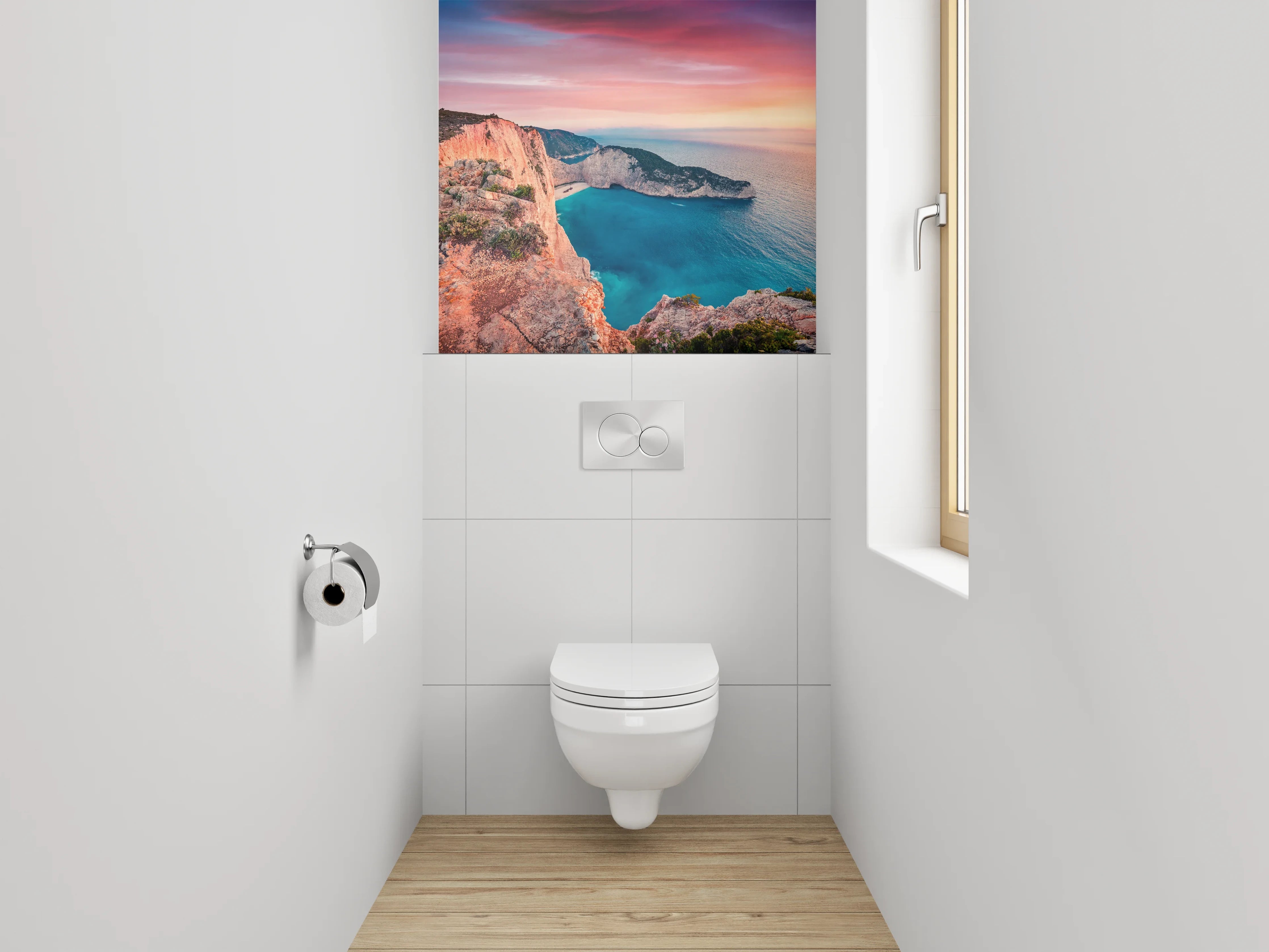 WC-Rückwand - Sonnenuntergang an der Steilküste – Panorama