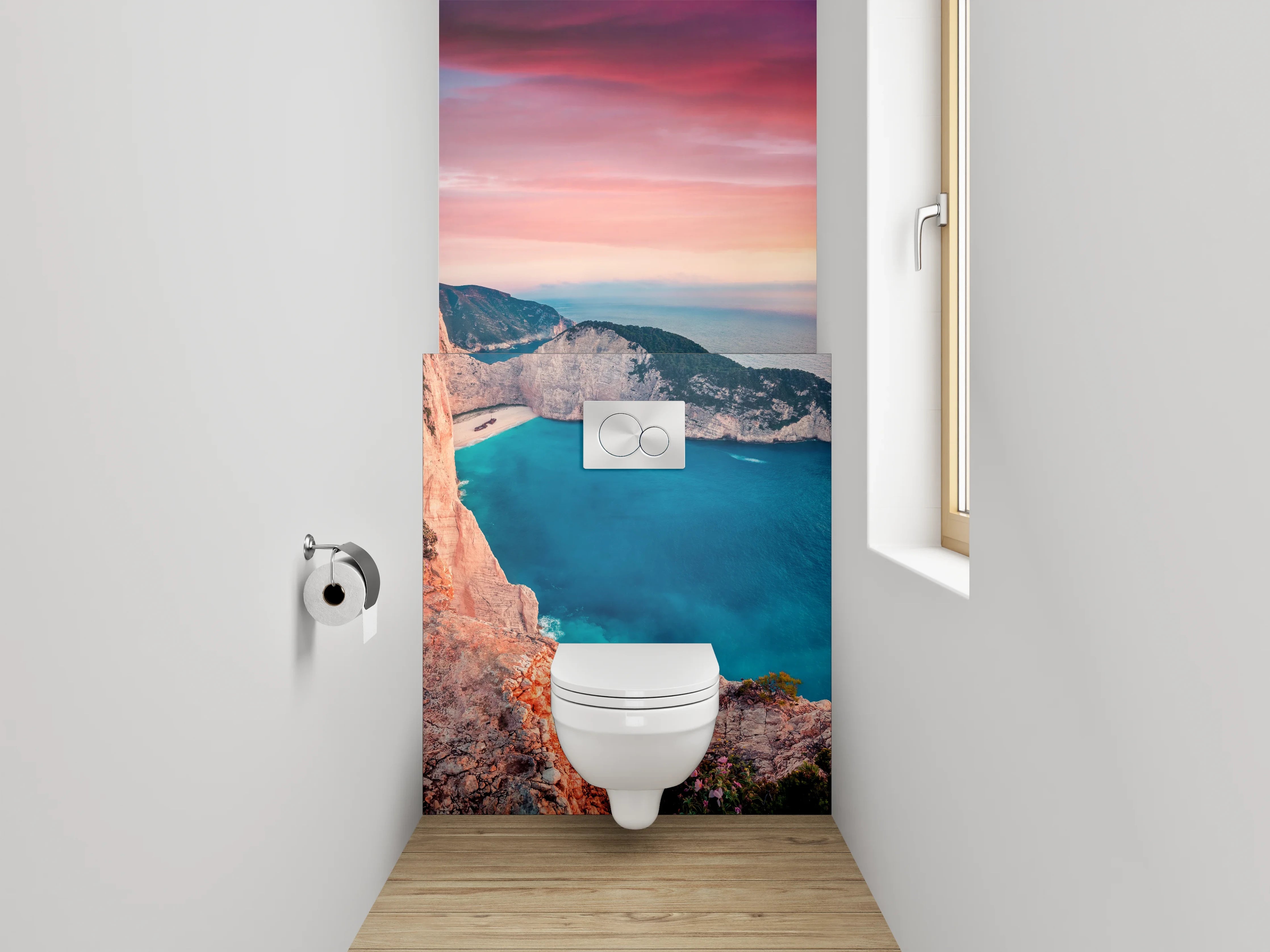 WC-Rückwand - Sonnenuntergang an der Steilküste – Panorama