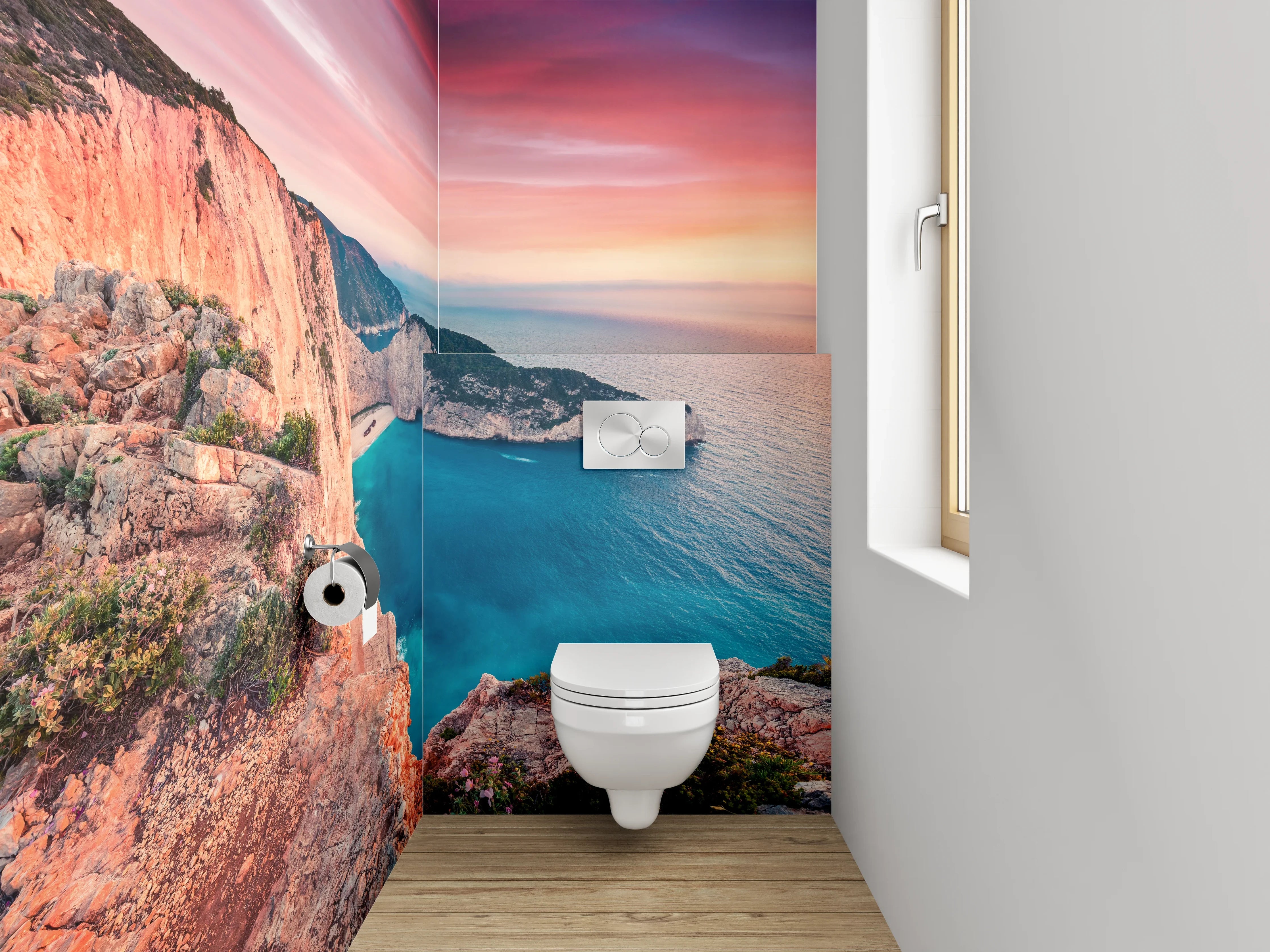 WC-Rückwand - Sonnenuntergang an der Steilküste – Panorama
