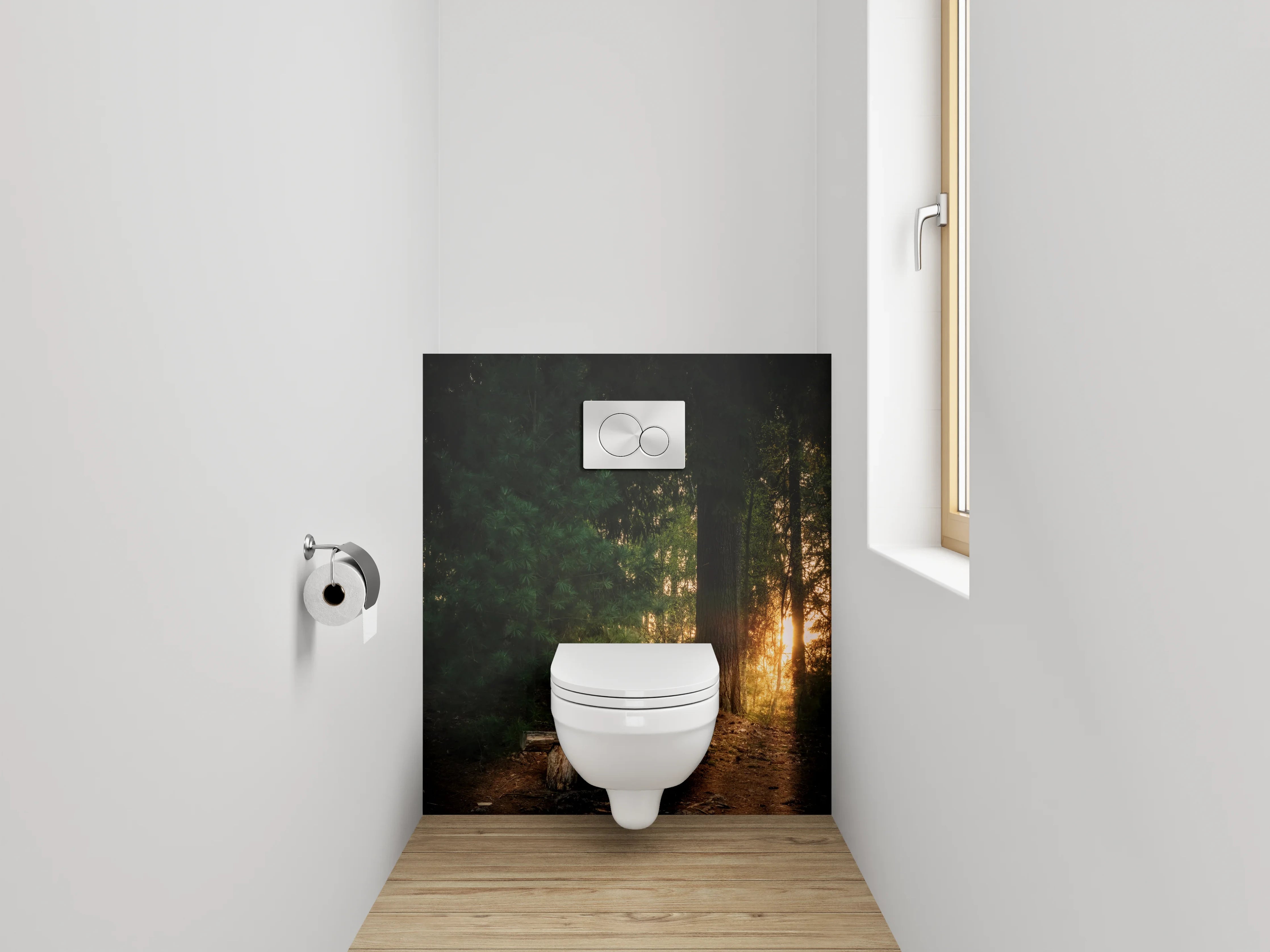 WC-Rückwand - Sonnenuntergang im Wald mit Holzbank