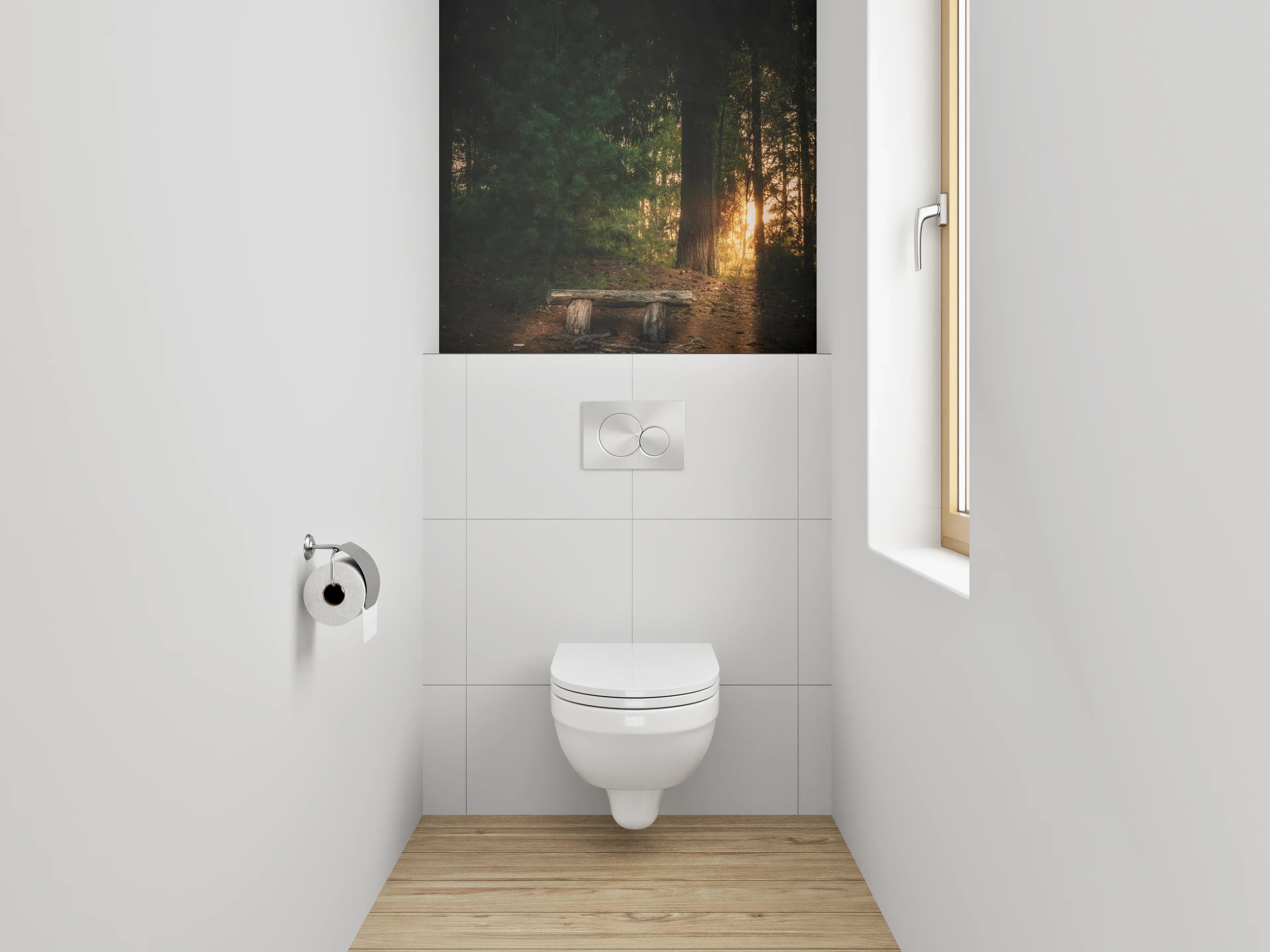 WC-Rückwand - Sonnenuntergang im Wald mit Holzbank