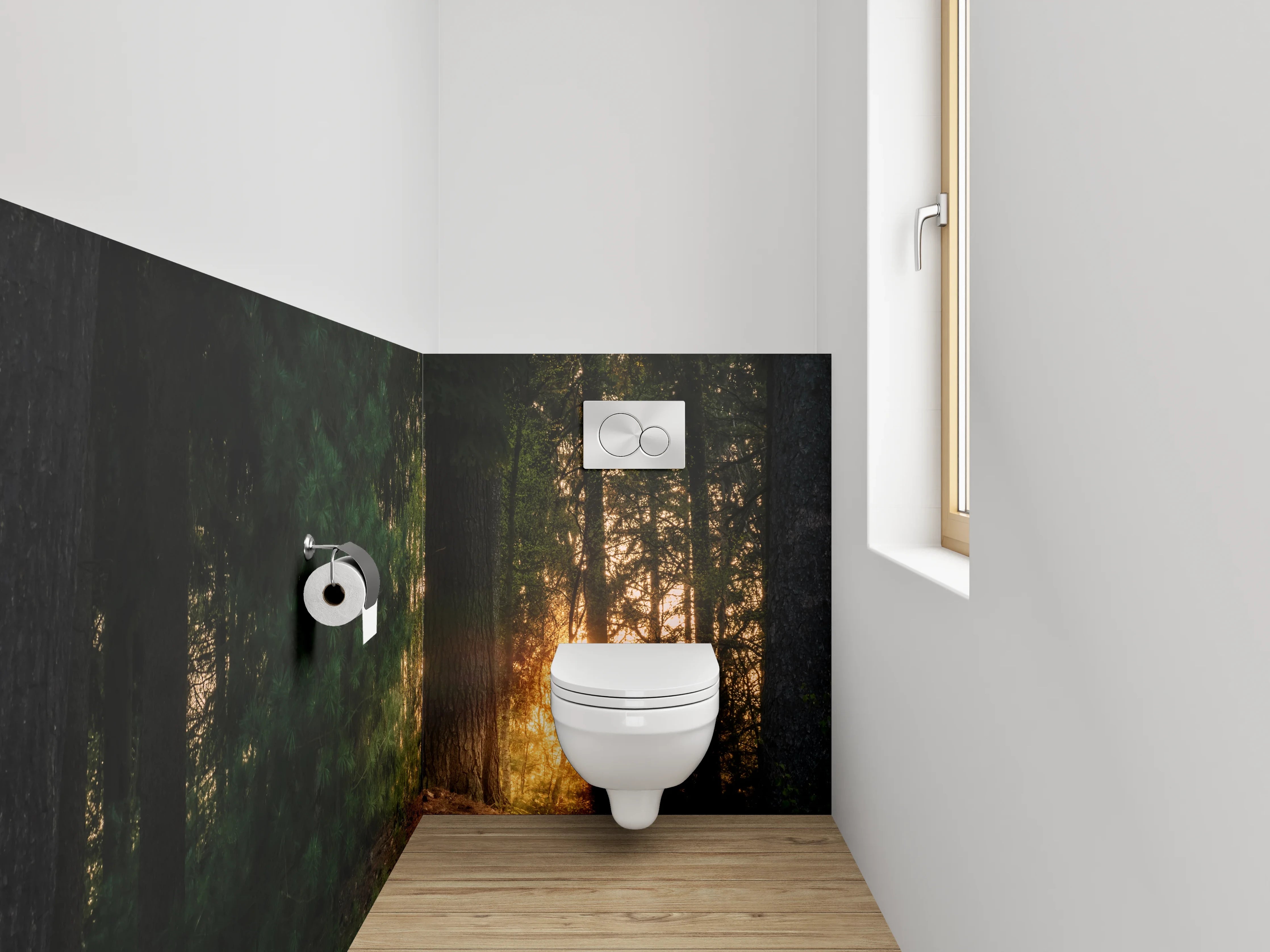 WC-Rückwand - Sonnenuntergang im Wald mit Holzbank