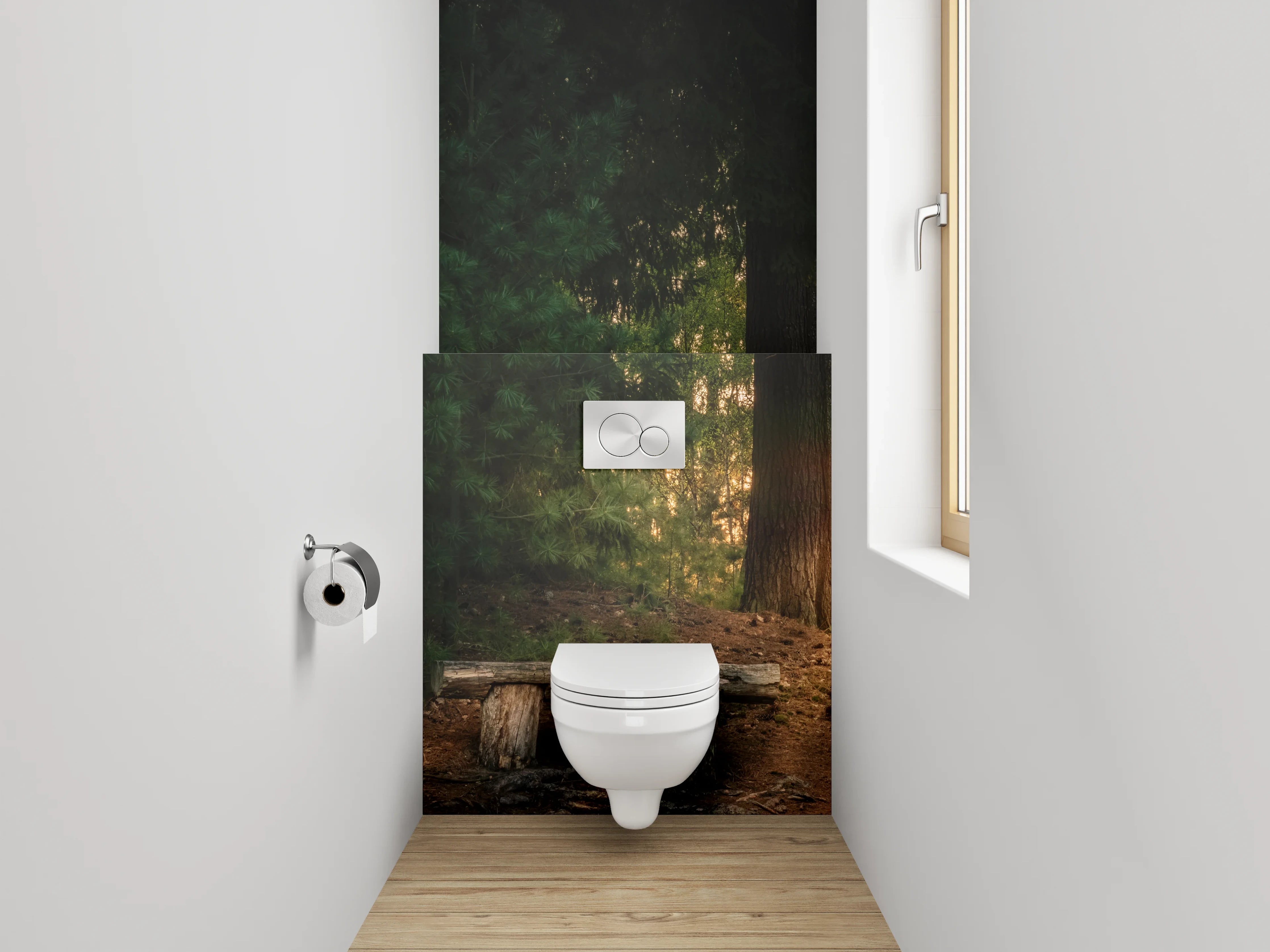 WC-Rückwand - Sonnenuntergang im Wald mit Holzbank