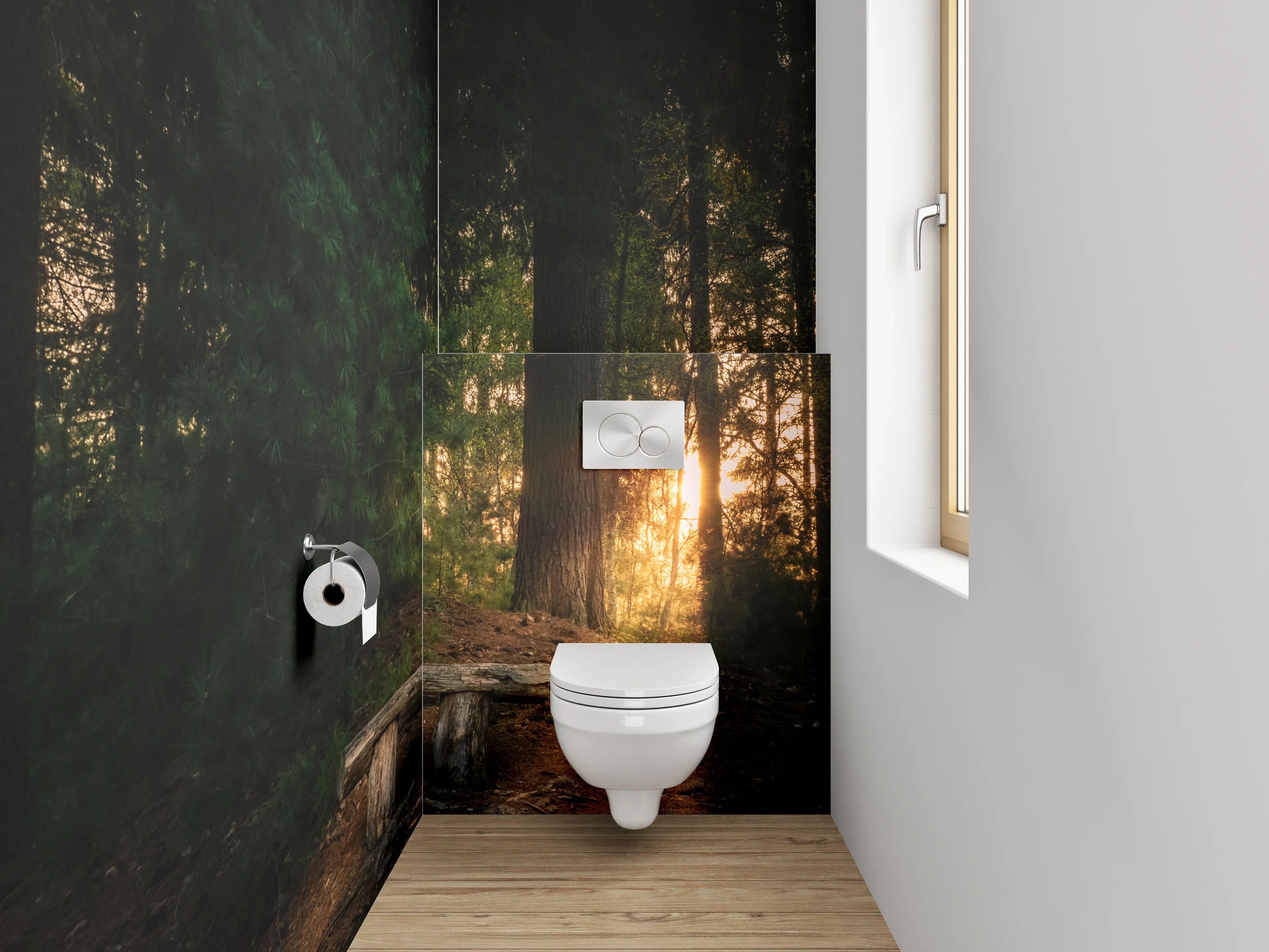 WC-Rückwand - Sonnenuntergang im Wald mit Holzbank