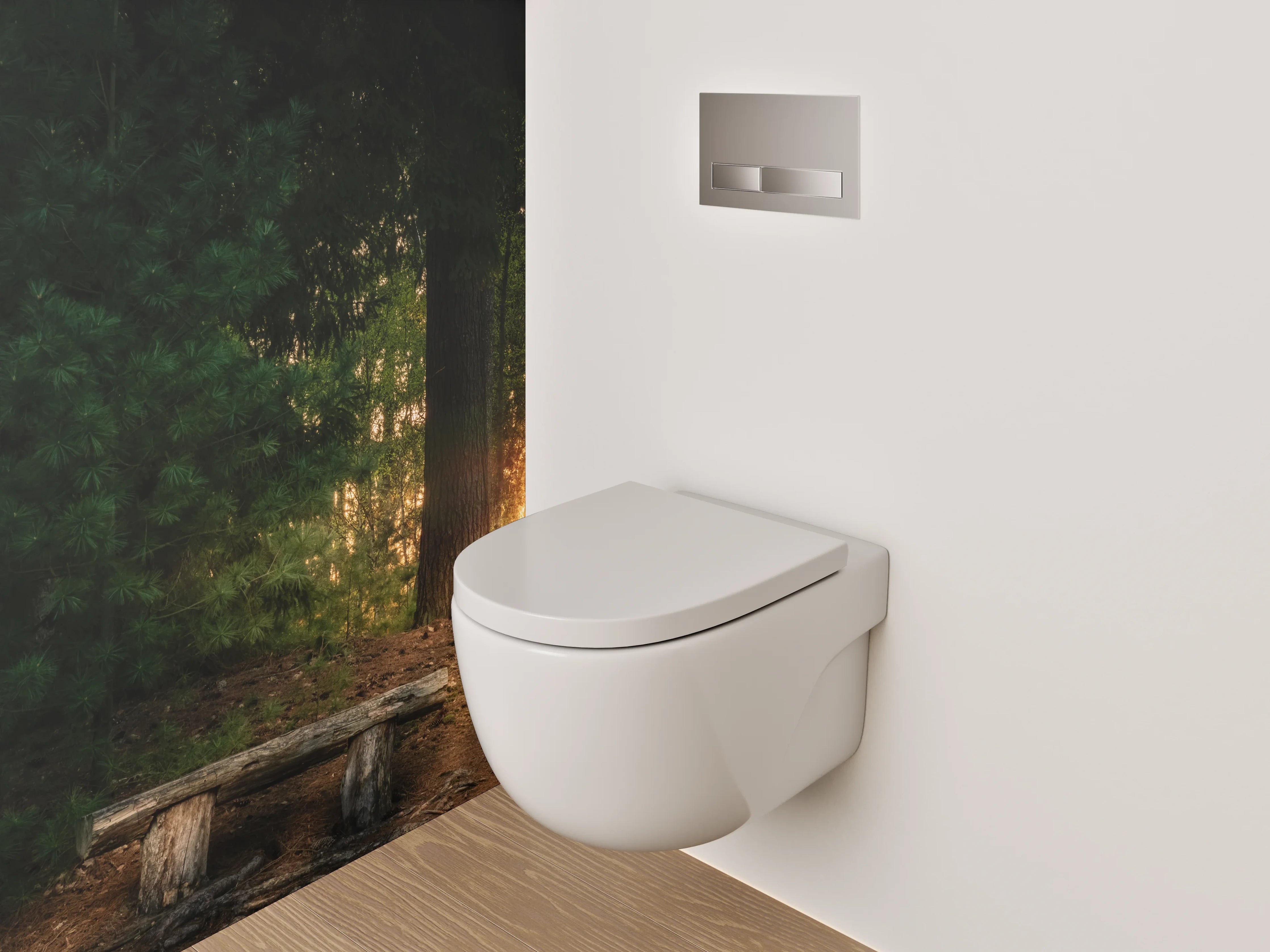 WC-Rückwand - Sonnenuntergang im Wald mit Holzbank