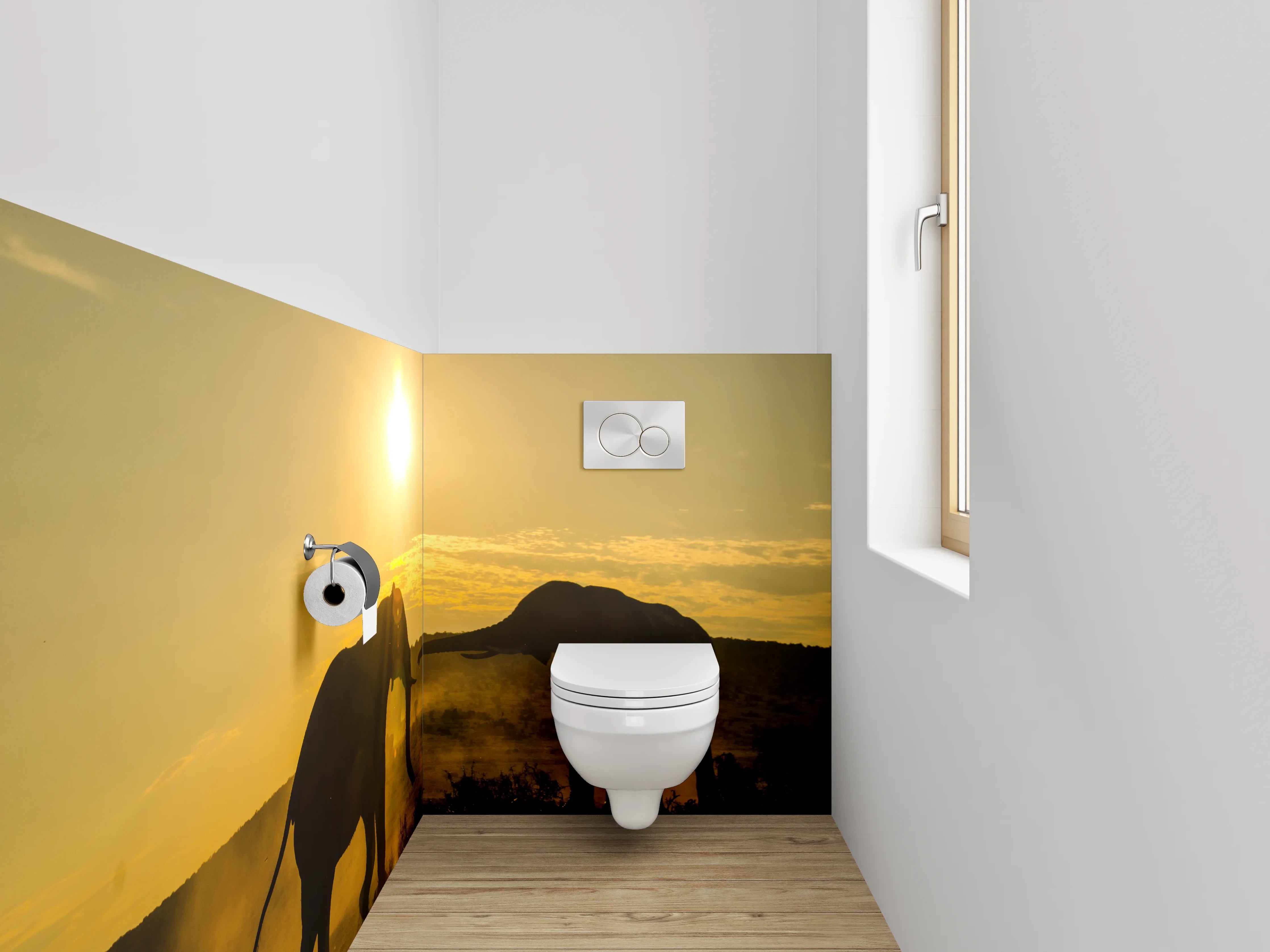 WC-Rückwand - Sonnenuntergang mit Elefantenrudel