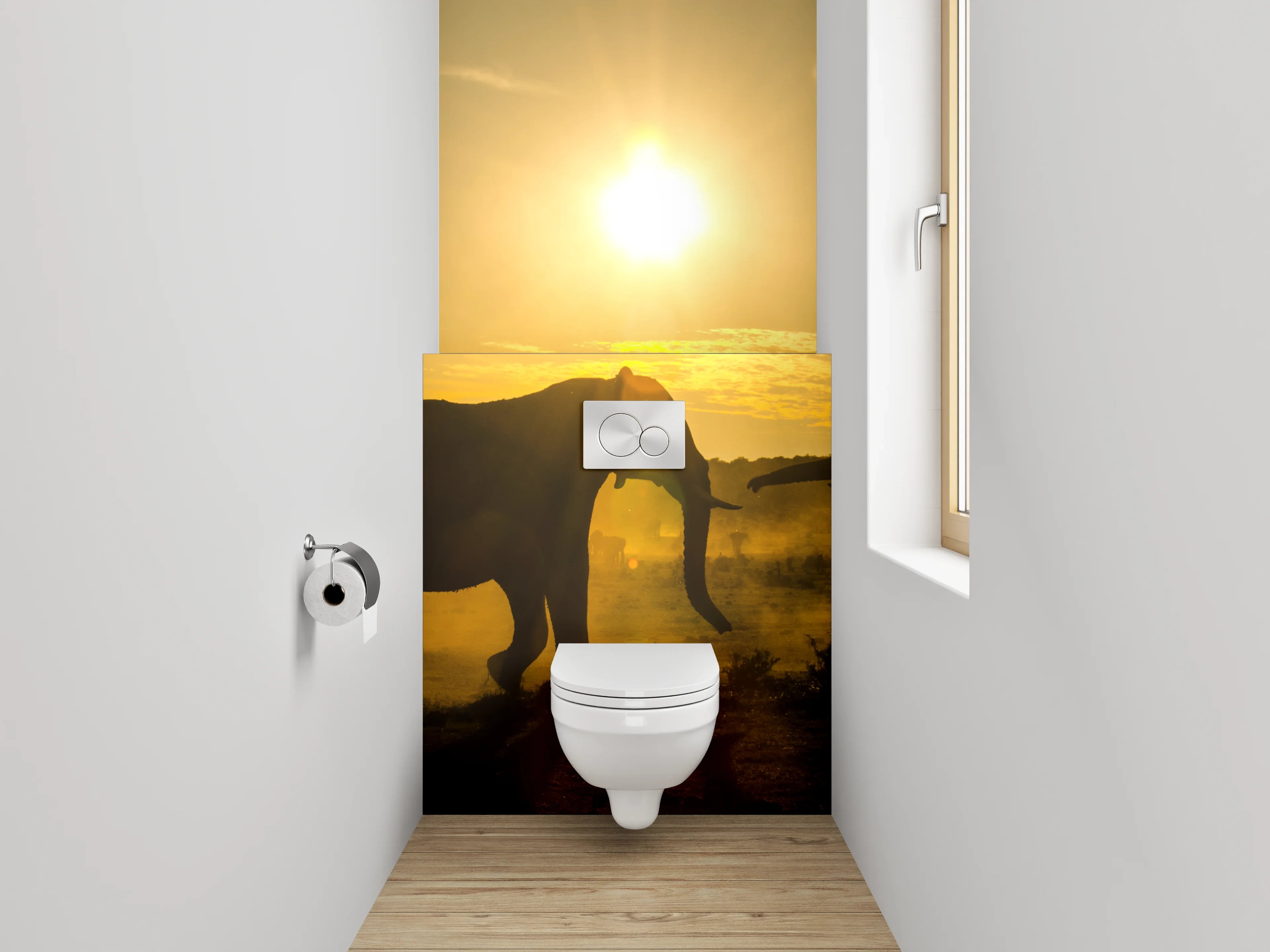WC-Rückwand - Sonnenuntergang mit Elefantenrudel