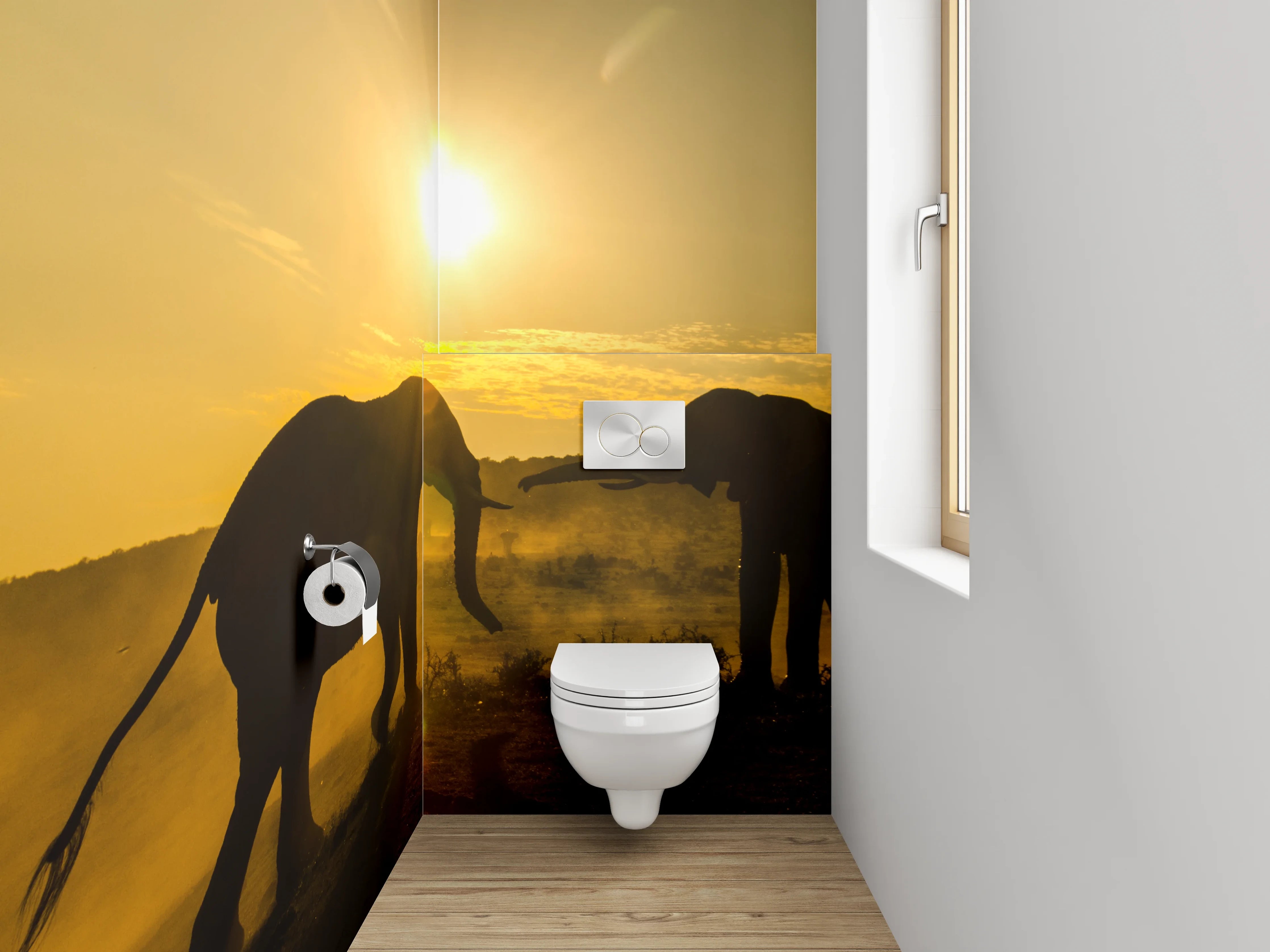 WC-Rückwand - Sonnenuntergang mit Elefantenrudel