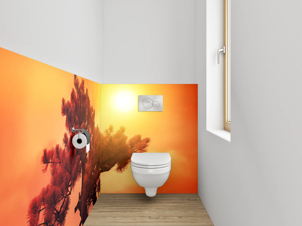 WC-Rückwand - Sonnenuntergang über Kiefernbaum Fotokunst