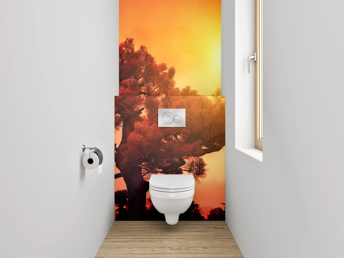 WC-Rückwand - Sonnenuntergang über Kiefernbaum Fotokunst