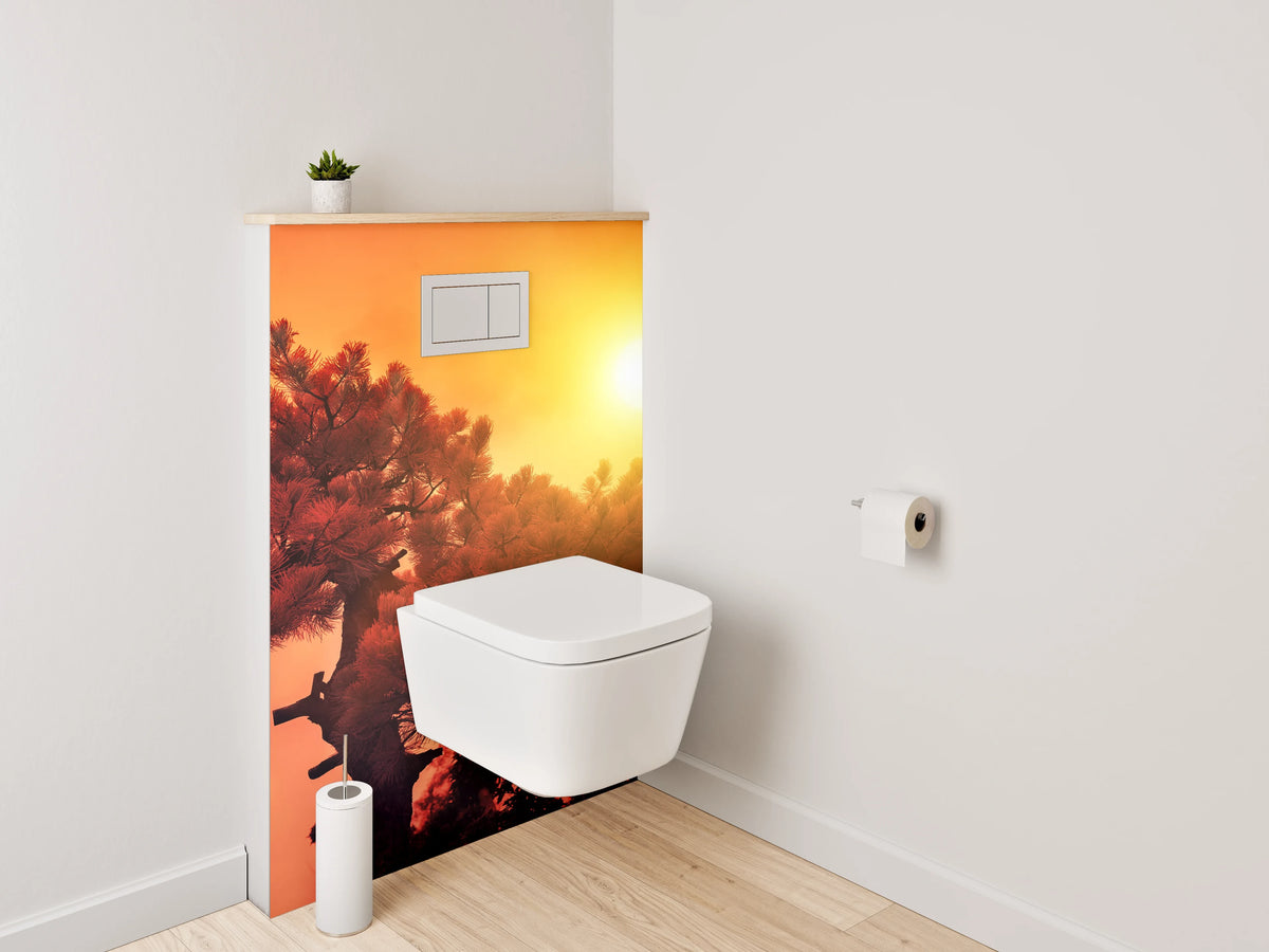 WC-Rückwand - Sonnenuntergang über Kiefernbaum Fotokunst