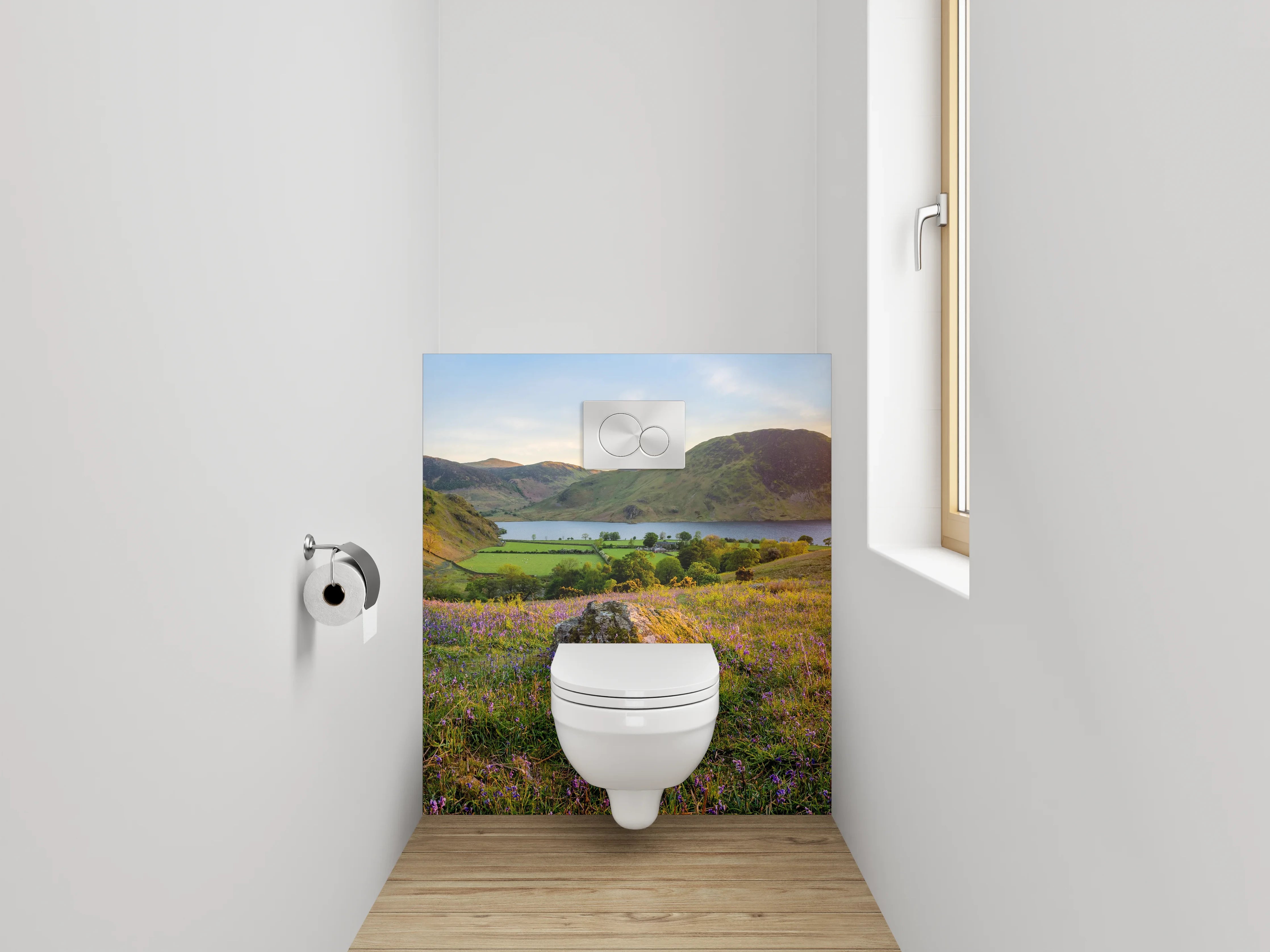WC-Rückwand - Sonnenuntergang über blühenden Hügeln