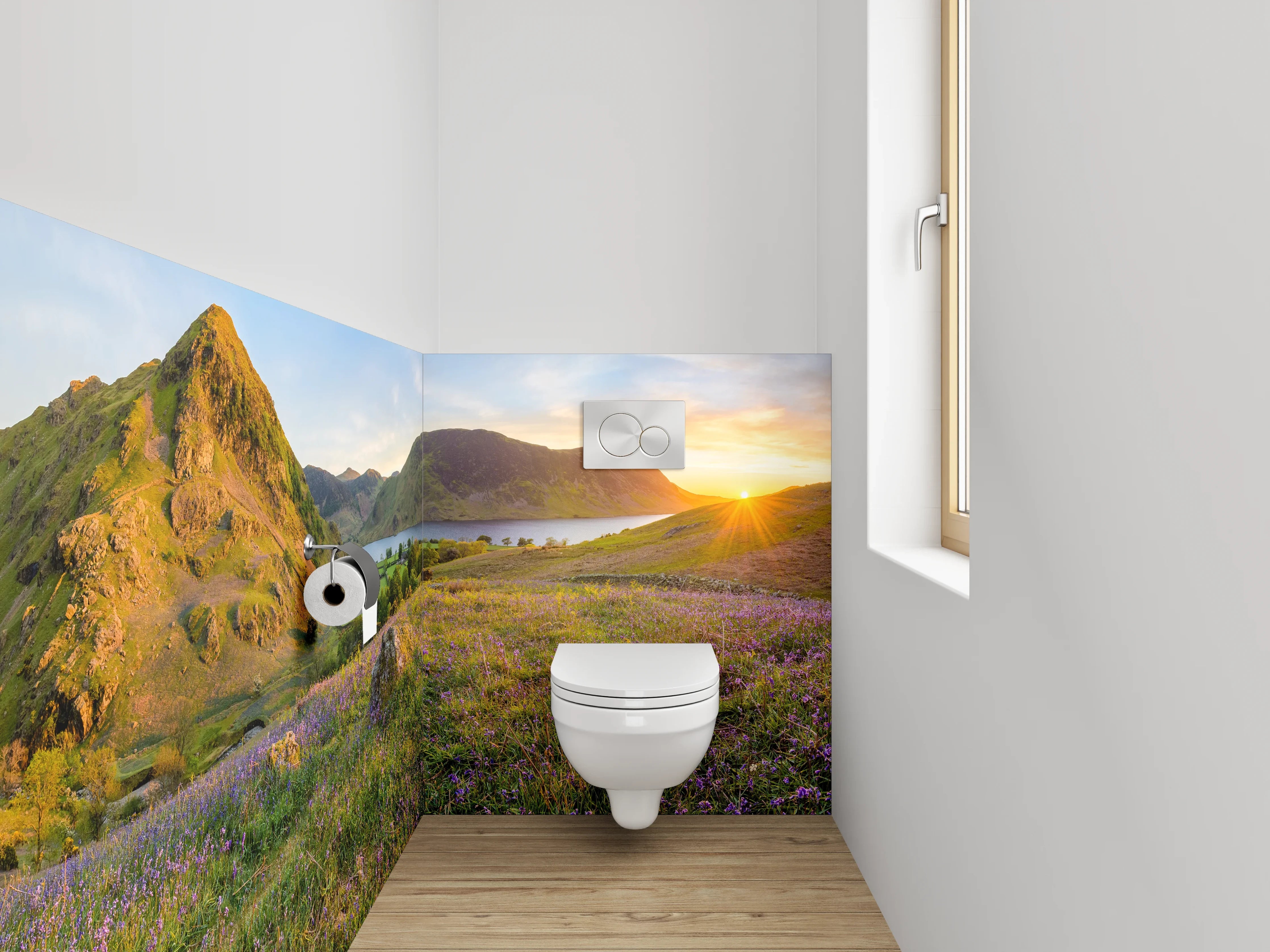 WC-Rückwand - Sonnenuntergang über blühenden Hügeln