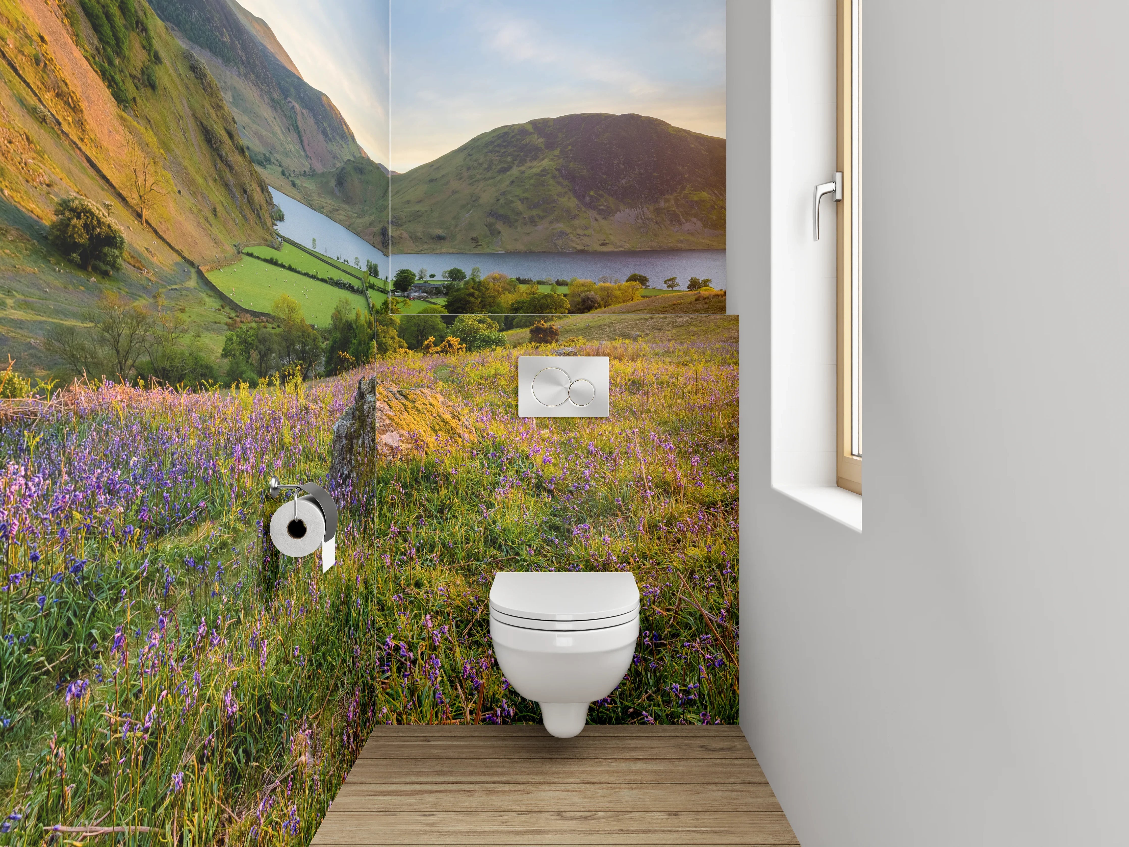 WC-Rückwand - Sonnenuntergang über blühenden Hügeln