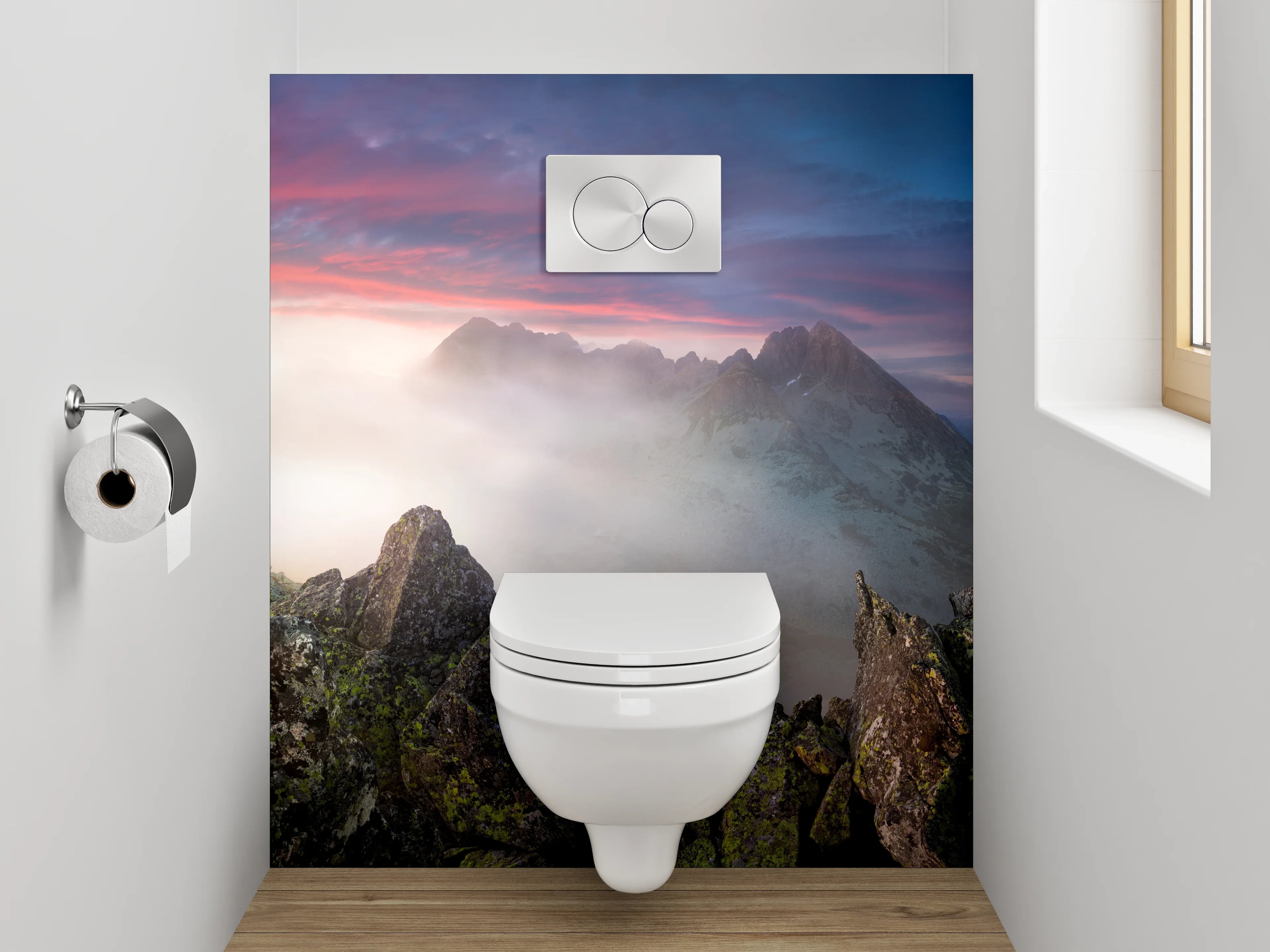WC-Rückwand - Sonnenuntergang über mystischen Bergen