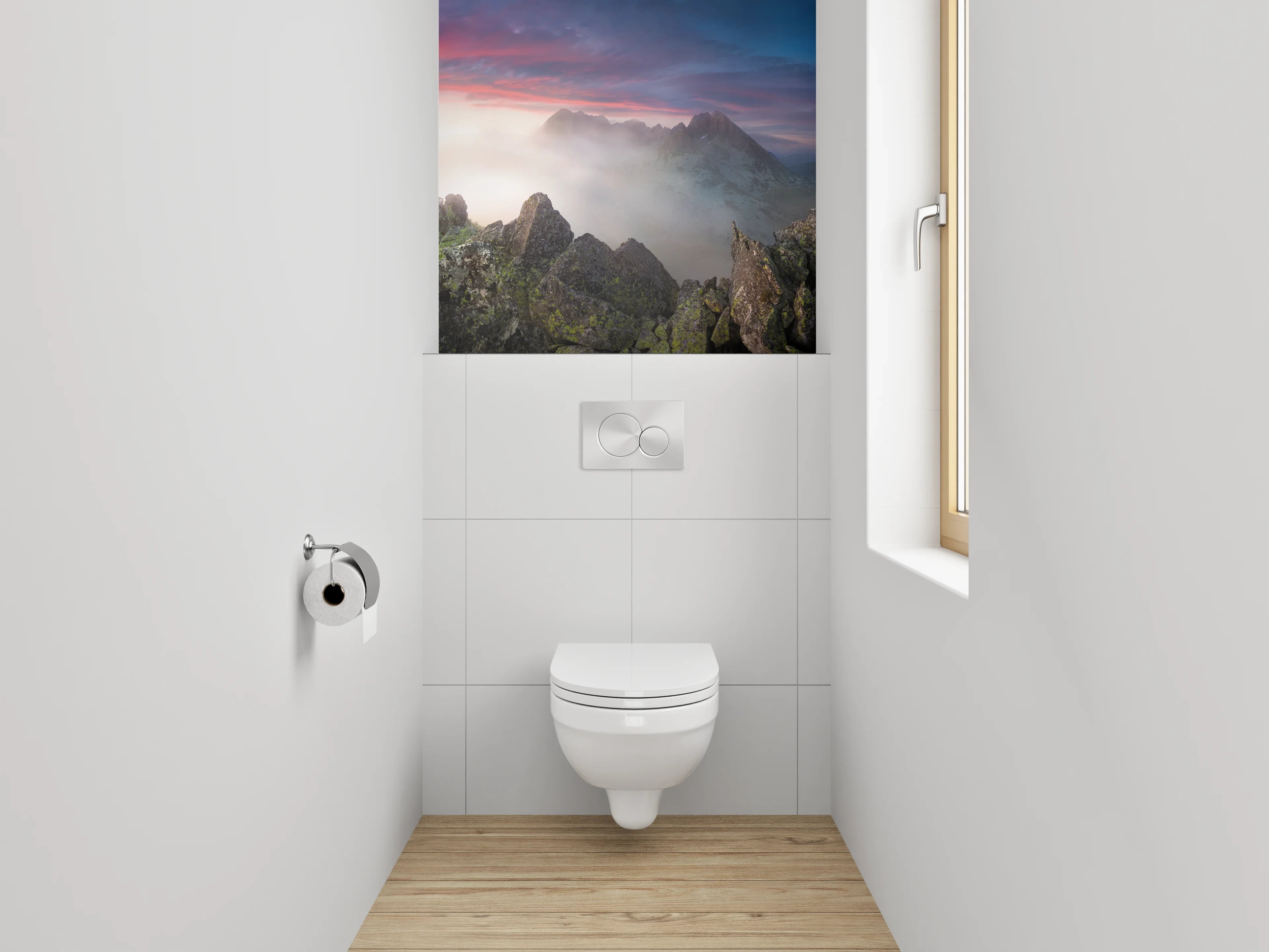 WC-Rückwand - Sonnenuntergang über mystischen Bergen