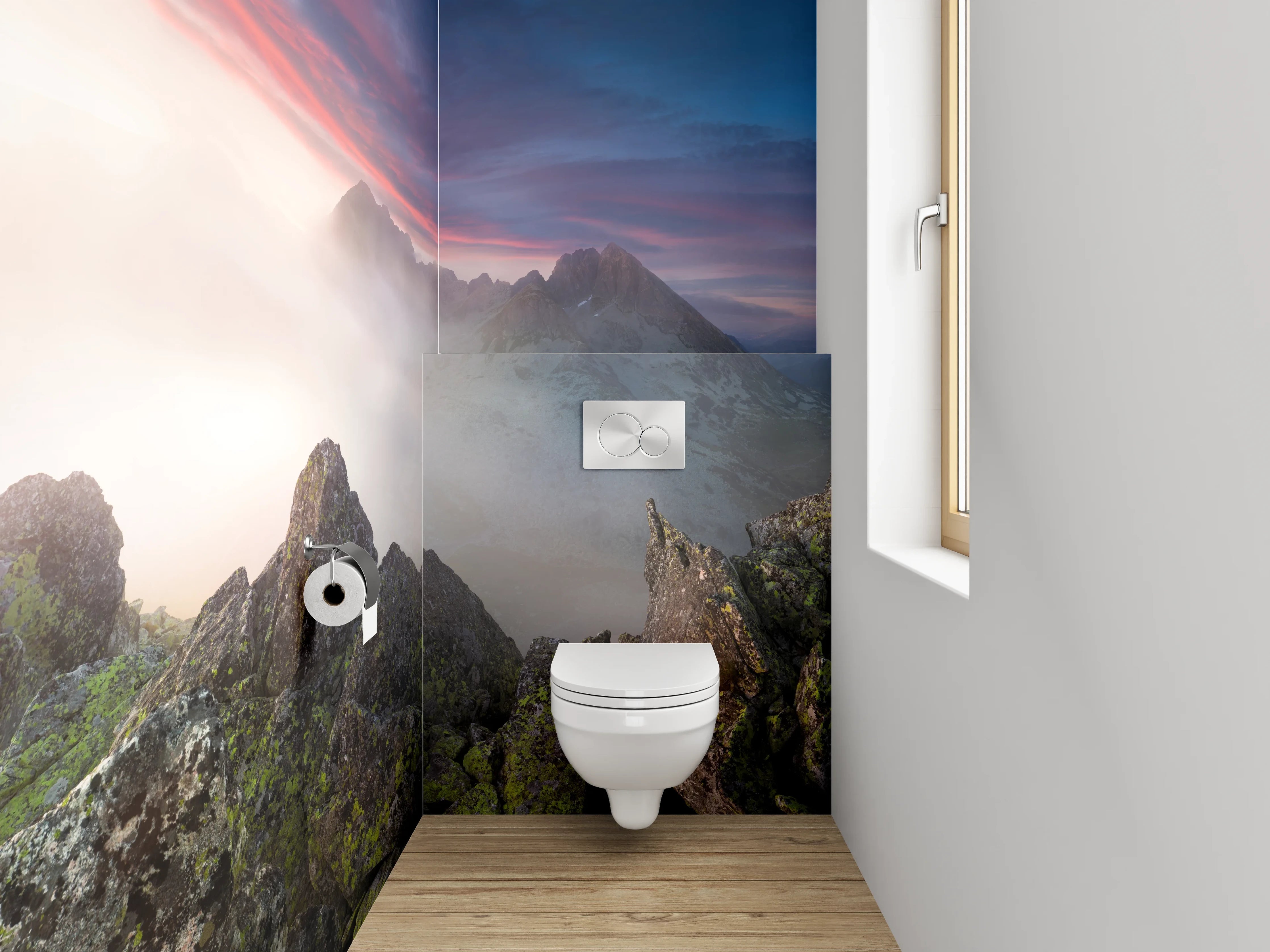 WC-Rückwand - Sonnenuntergang über mystischen Bergen