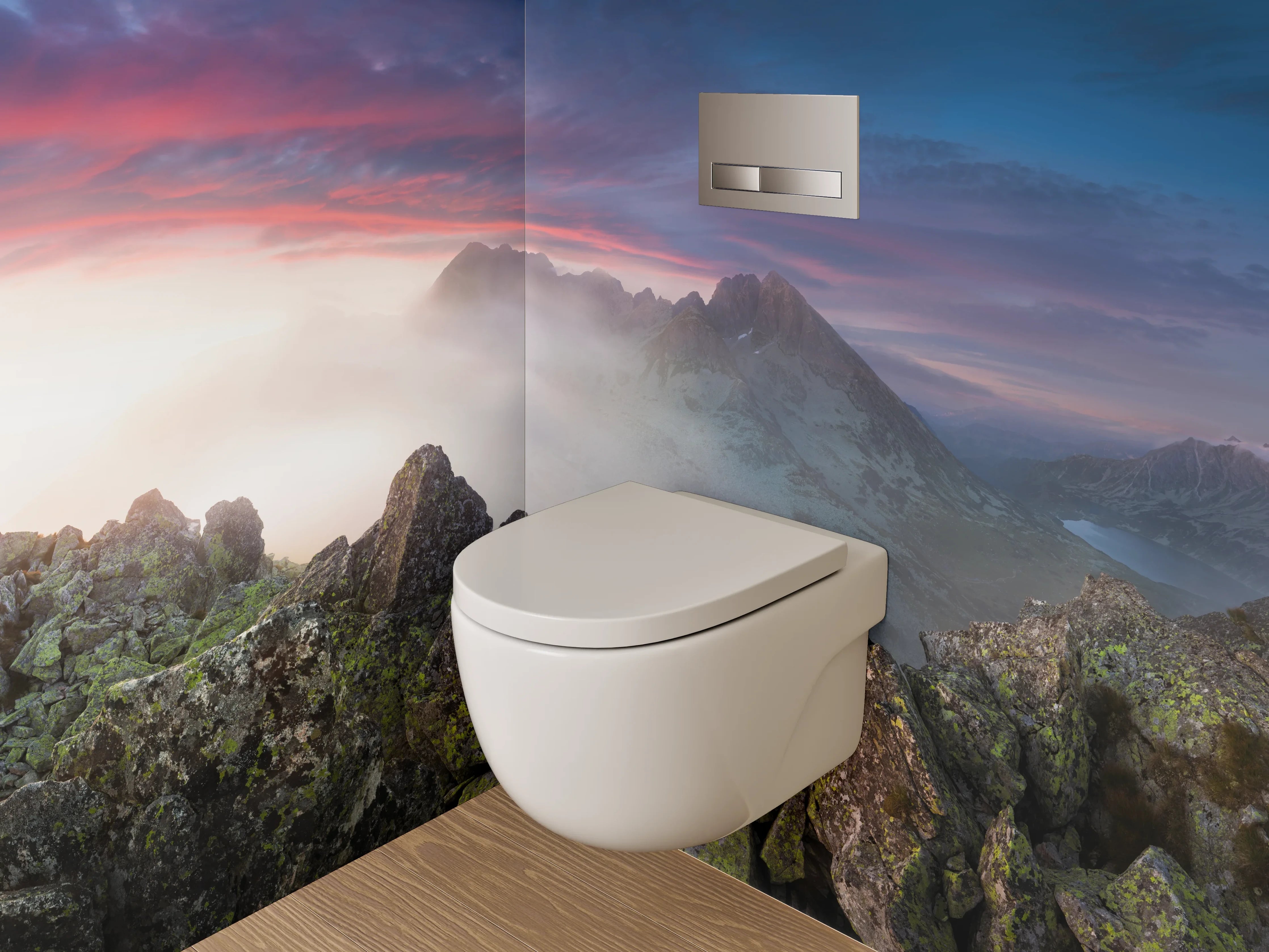 WC-Rückwand - Sonnenuntergang über mystischen Bergen