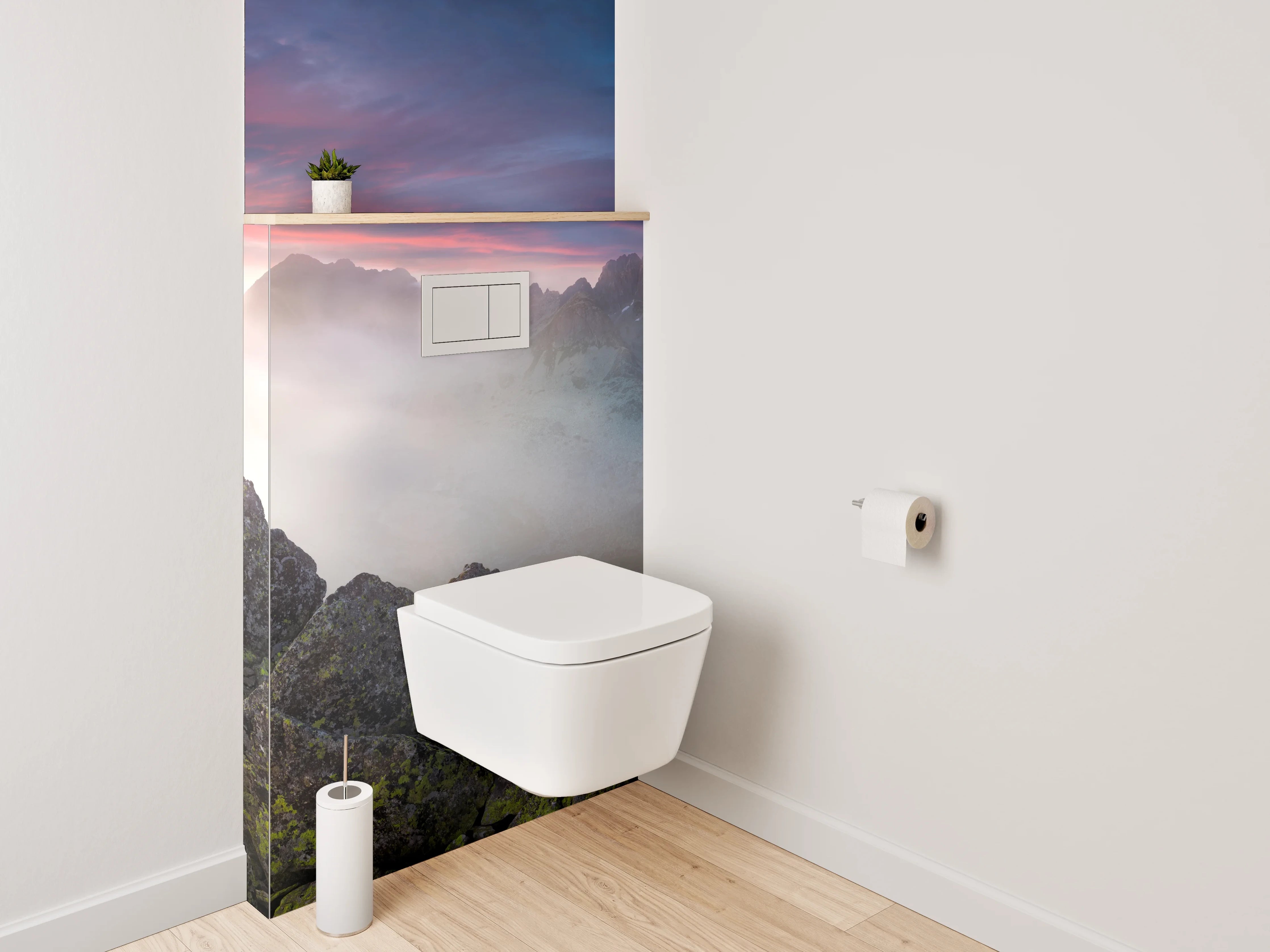 WC-Rückwand - Sonnenuntergang über mystischen Bergen