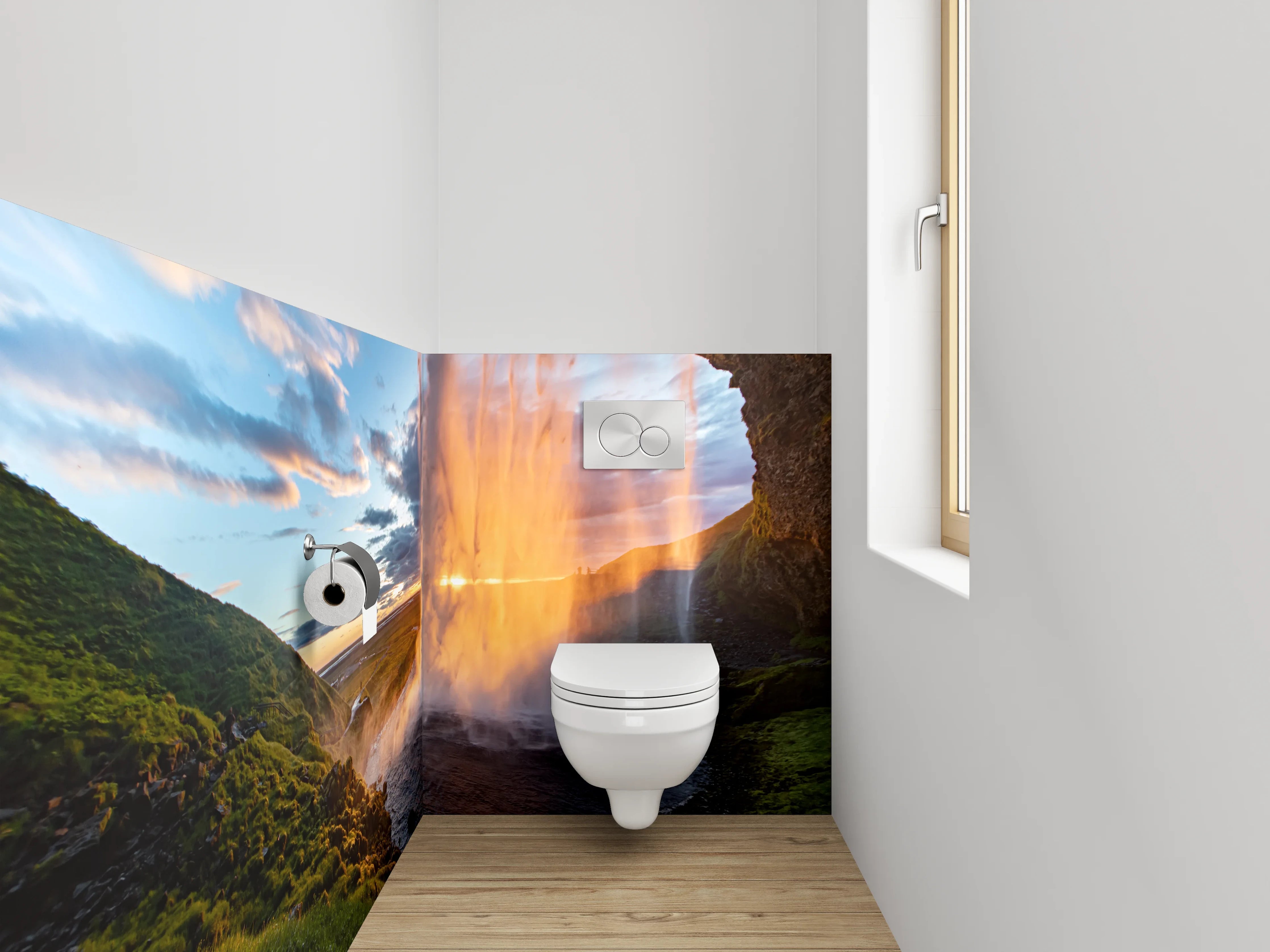 WC-Rückwand - Spektakulärer Wasserfall Island Sonnenuntergang