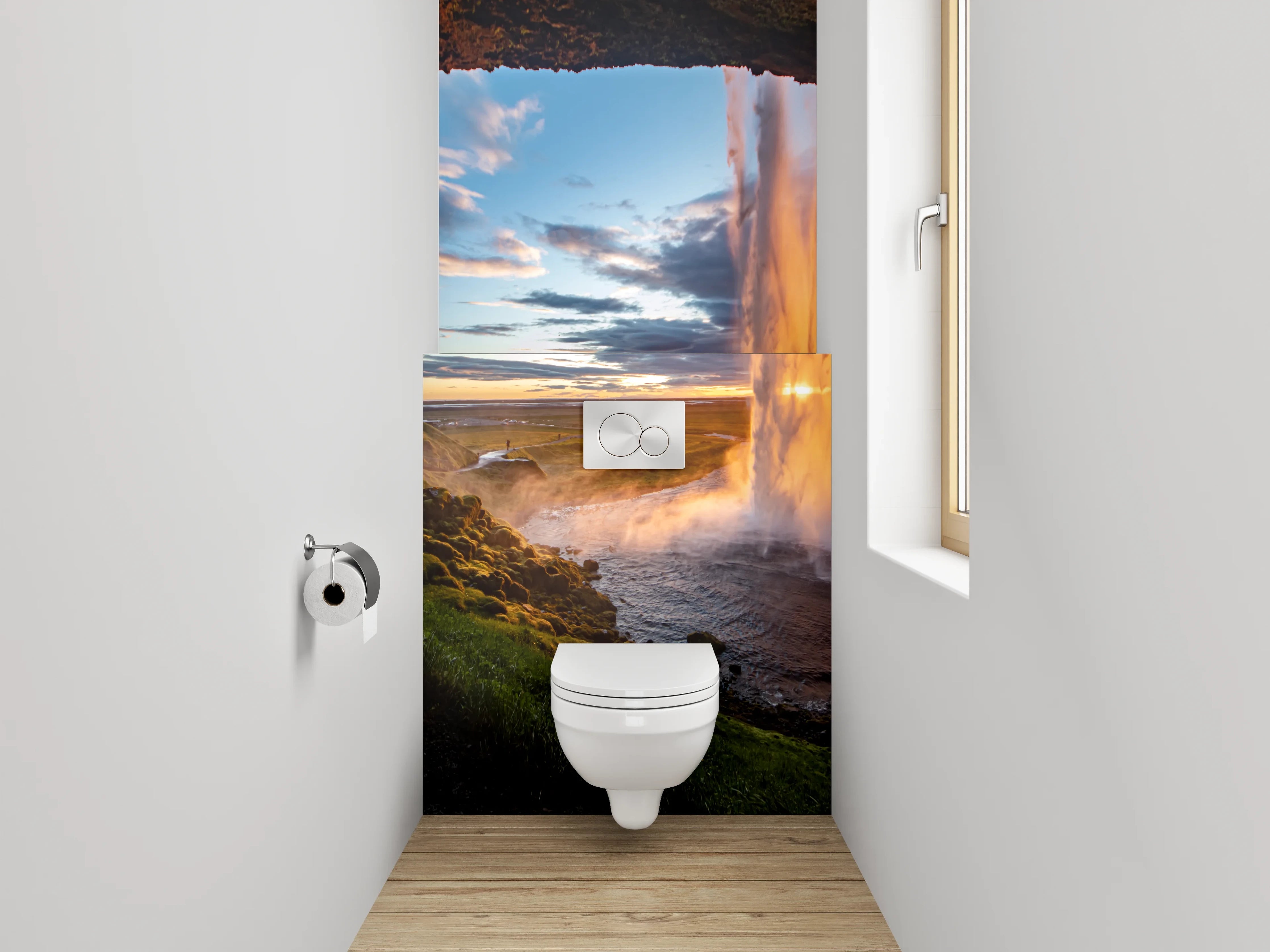 WC-Rückwand - Spektakulärer Wasserfall Island Sonnenuntergang