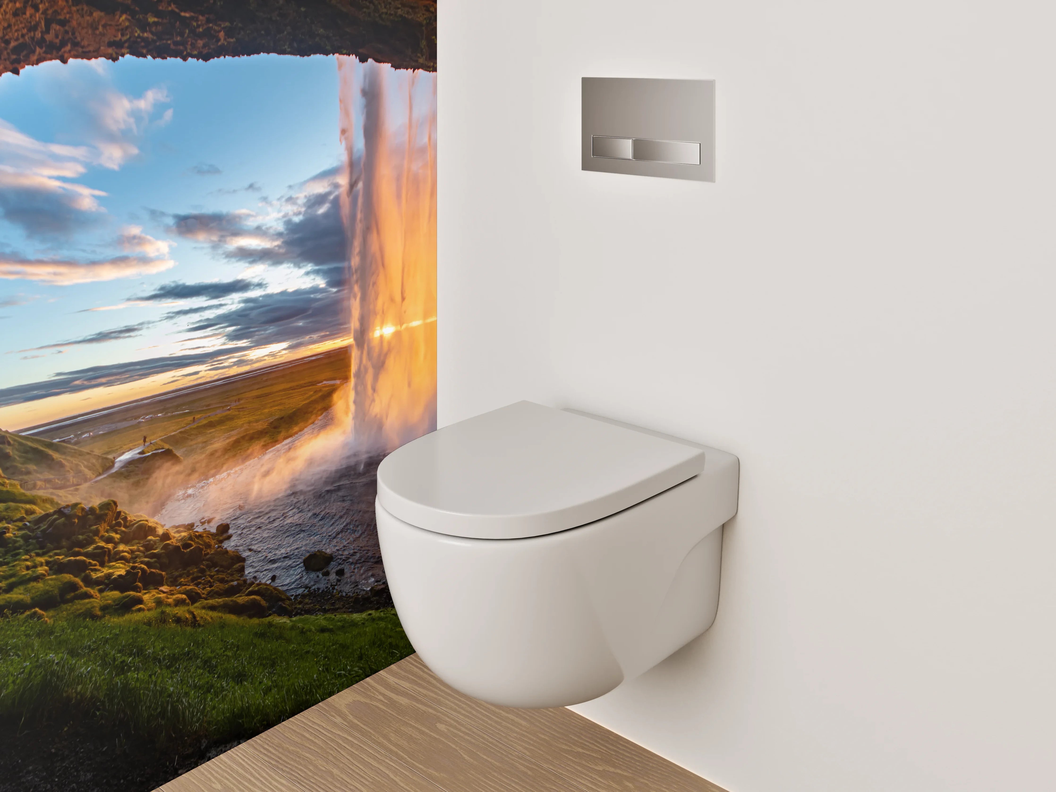 WC-Rückwand - Spektakulärer Wasserfall Island Sonnenuntergang