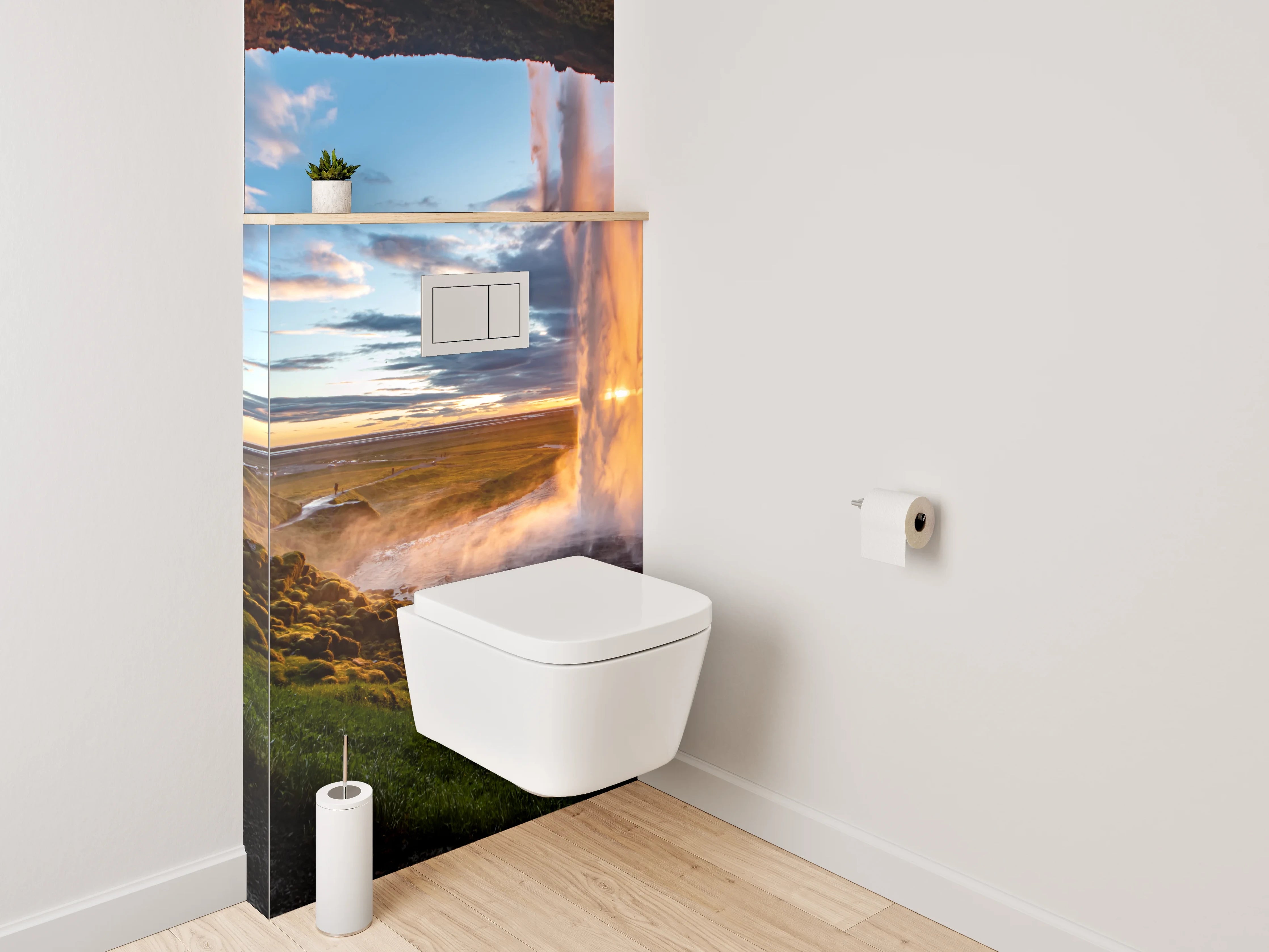 WC-Rückwand - Spektakulärer Wasserfall Island Sonnenuntergang