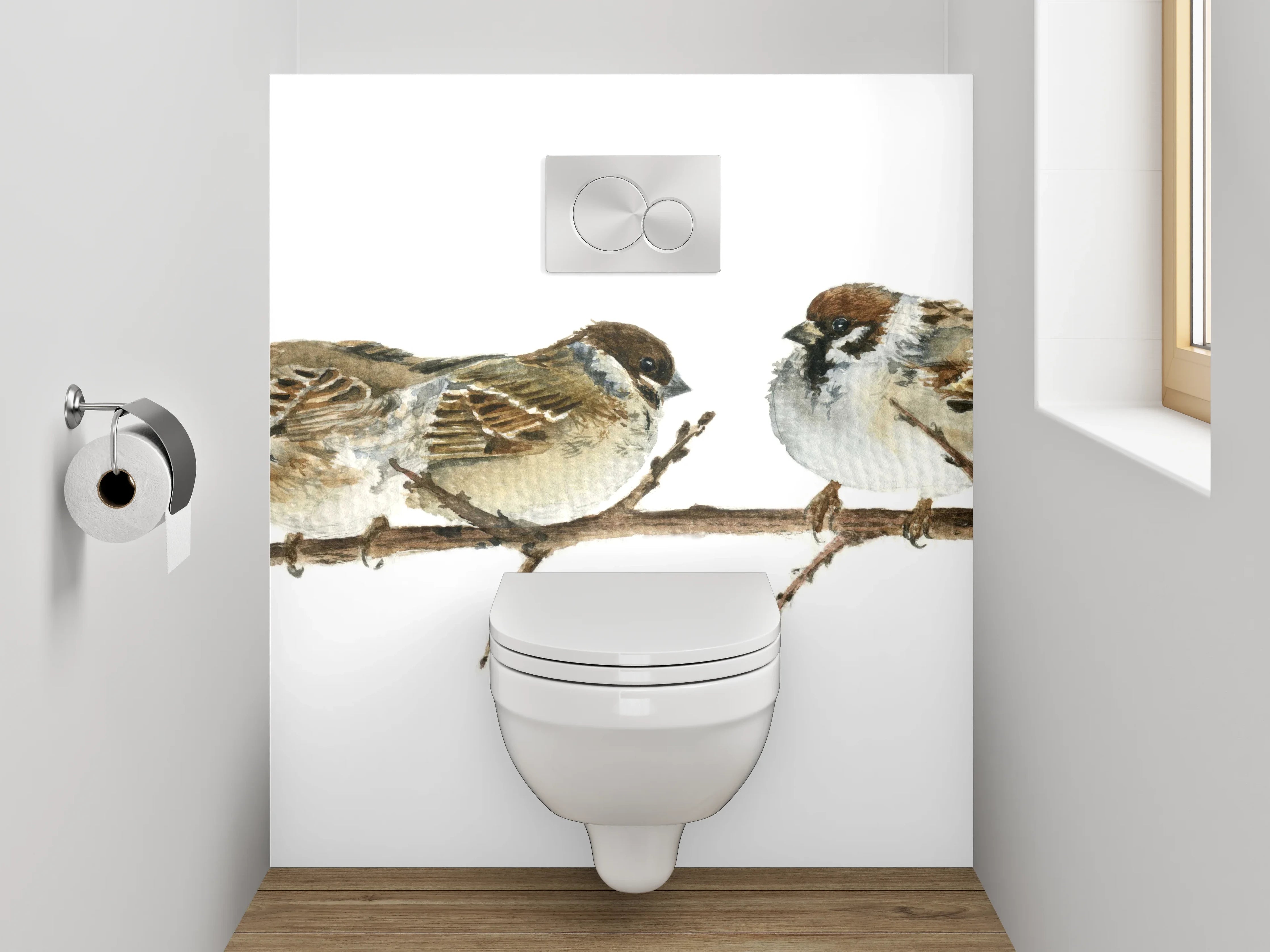 WC-Rückwand - Sperlinge auf Ast Aquarell