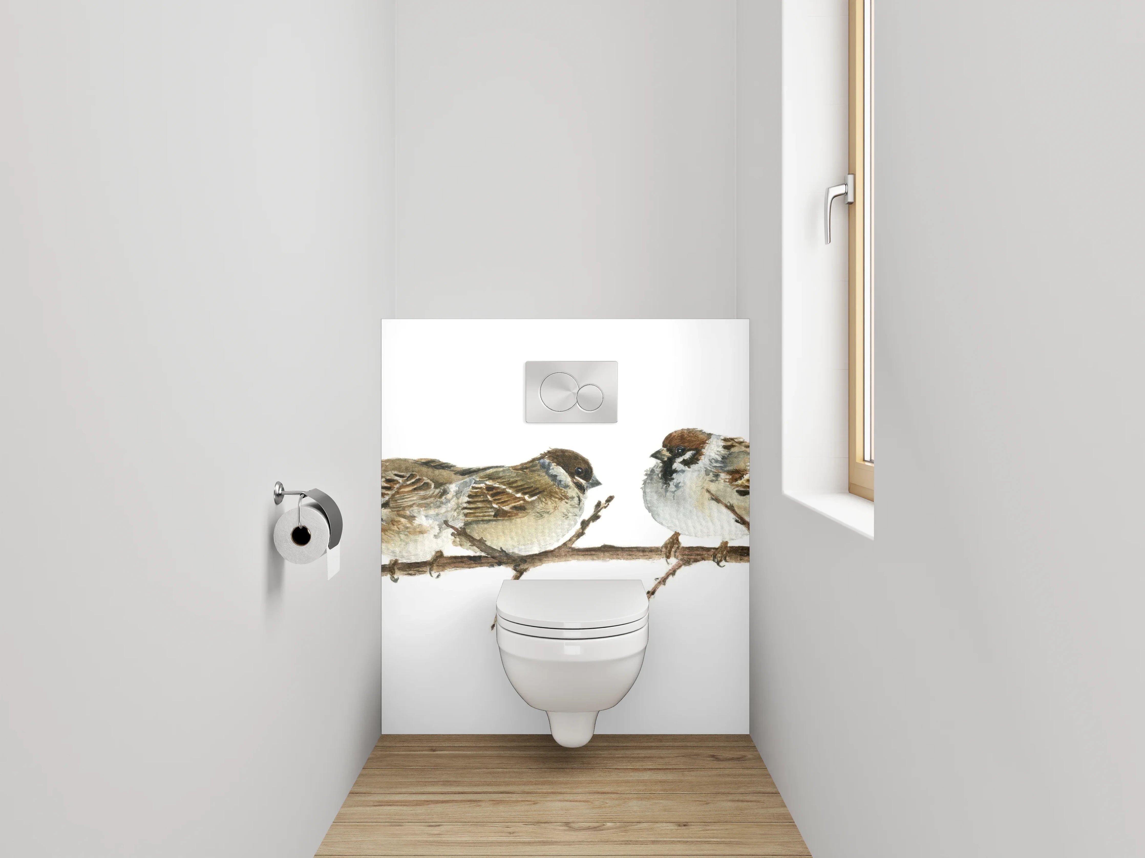 WC-Rückwand - Sperlinge auf Ast Aquarell