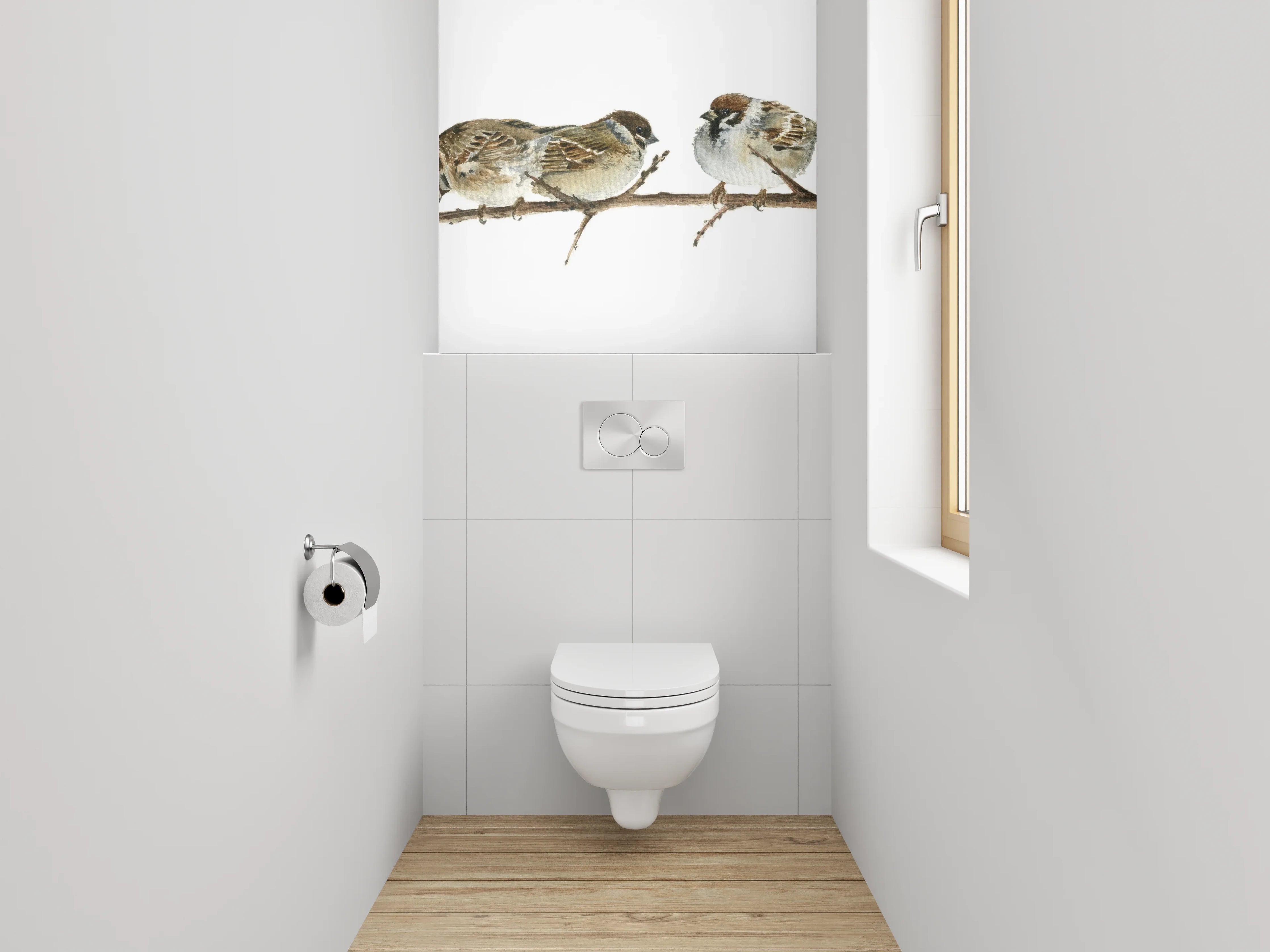 WC-Rückwand - Sperlinge auf Ast Aquarell