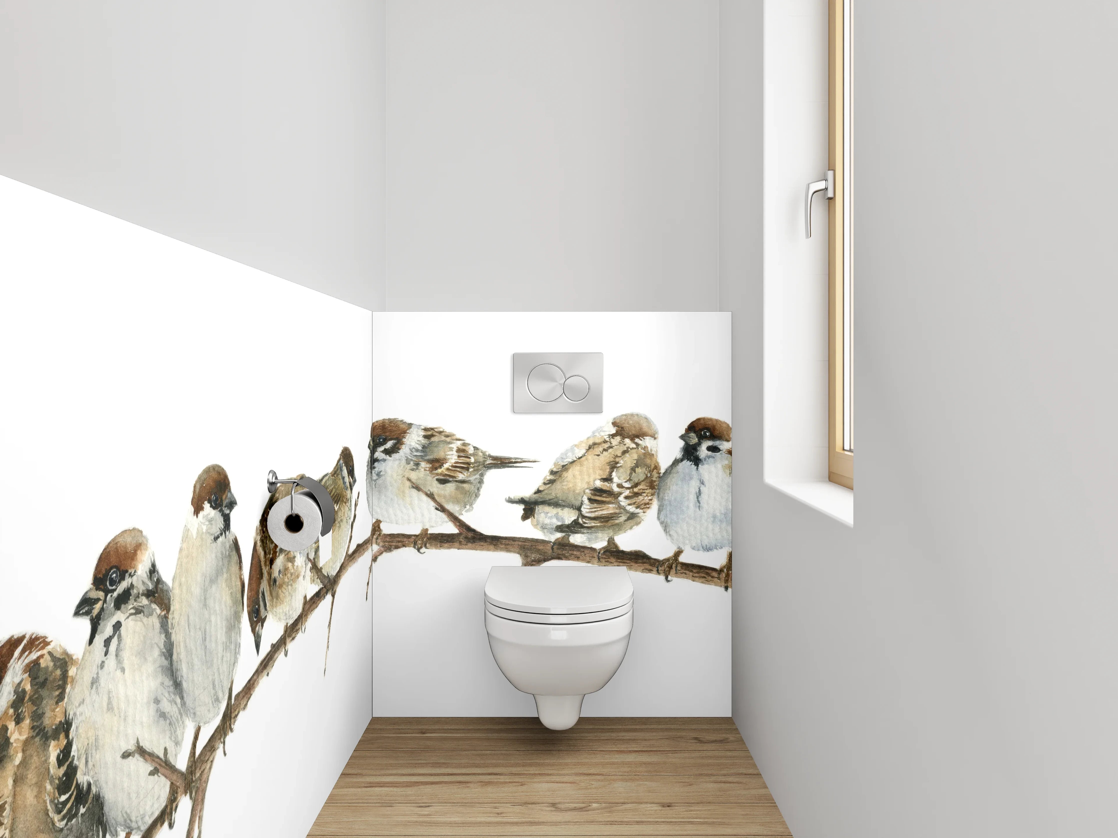 WC-Rückwand - Sperlinge auf Ast Aquarell