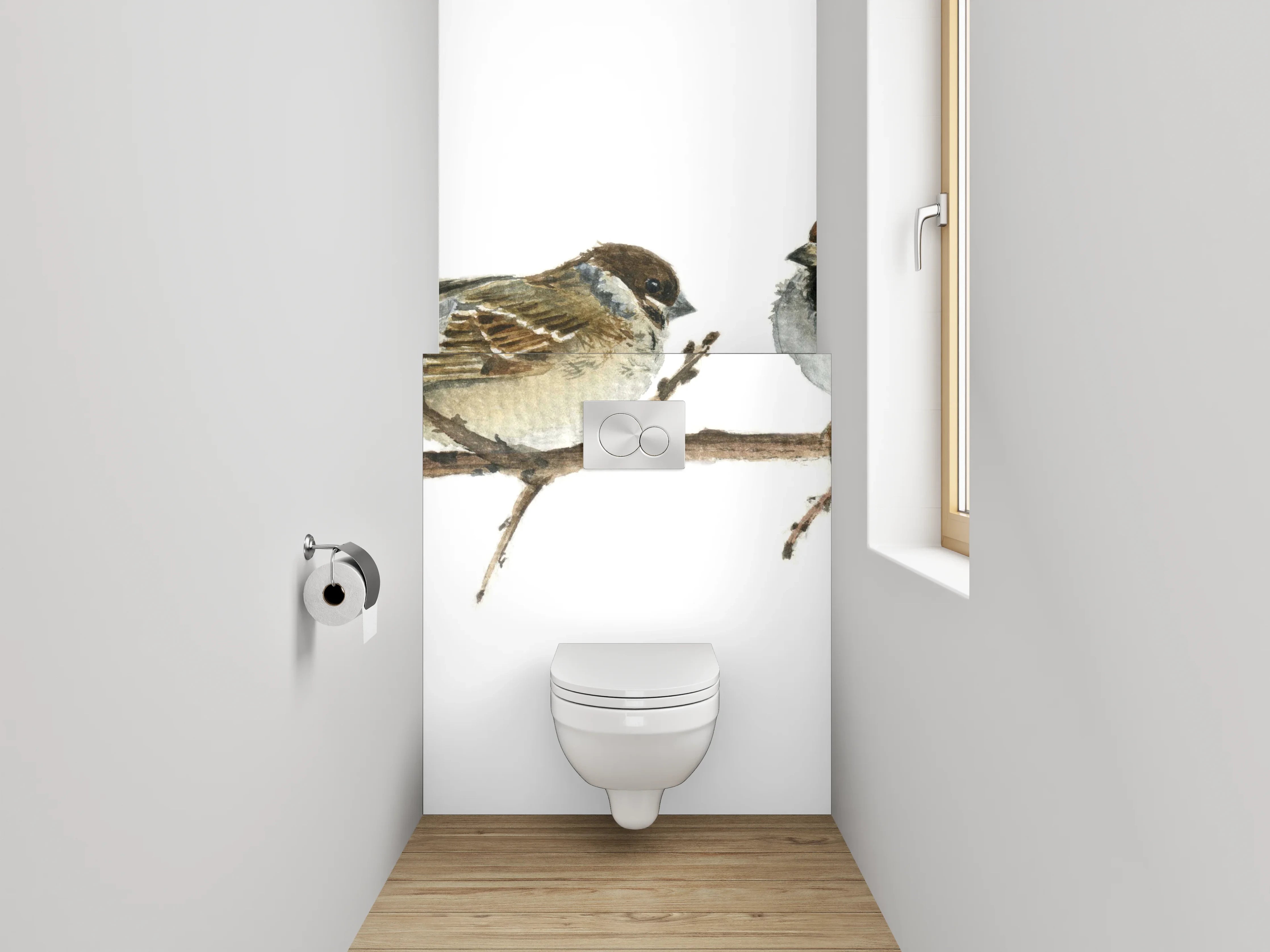 WC-Rückwand - Sperlinge auf Ast Aquarell