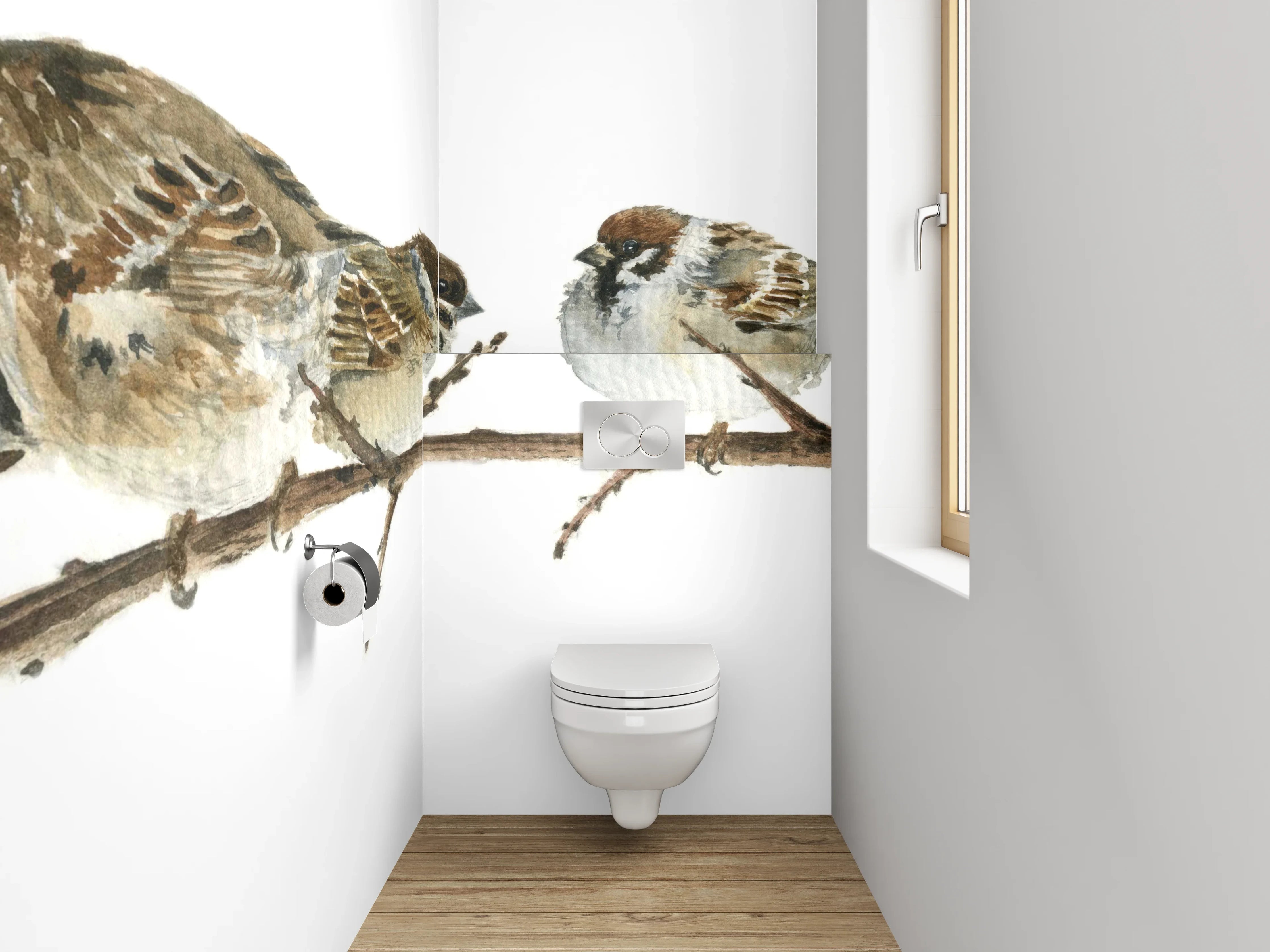 WC-Rückwand - Sperlinge auf Ast Aquarell