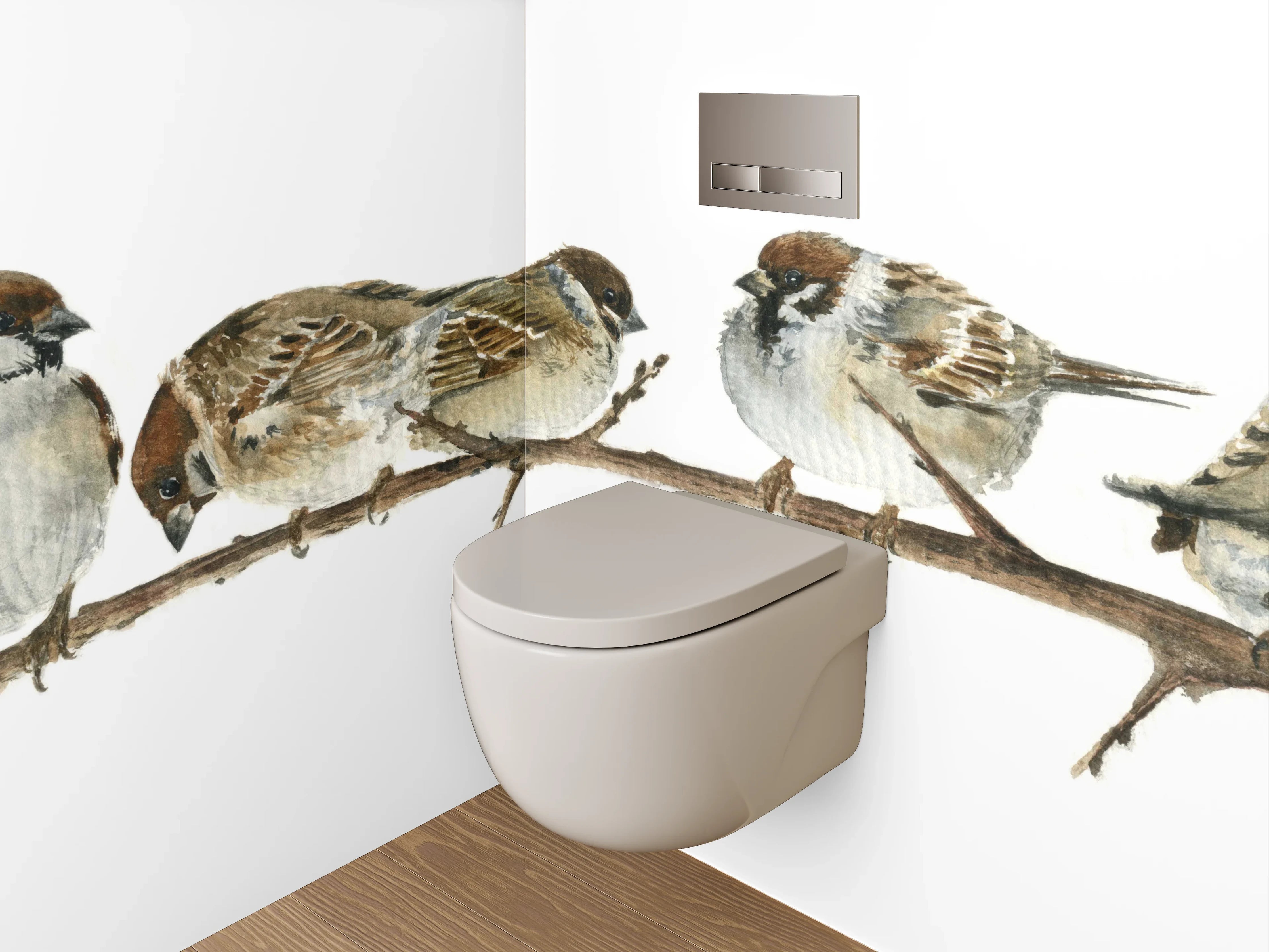 WC-Rückwand - Sperlinge auf Ast Aquarell