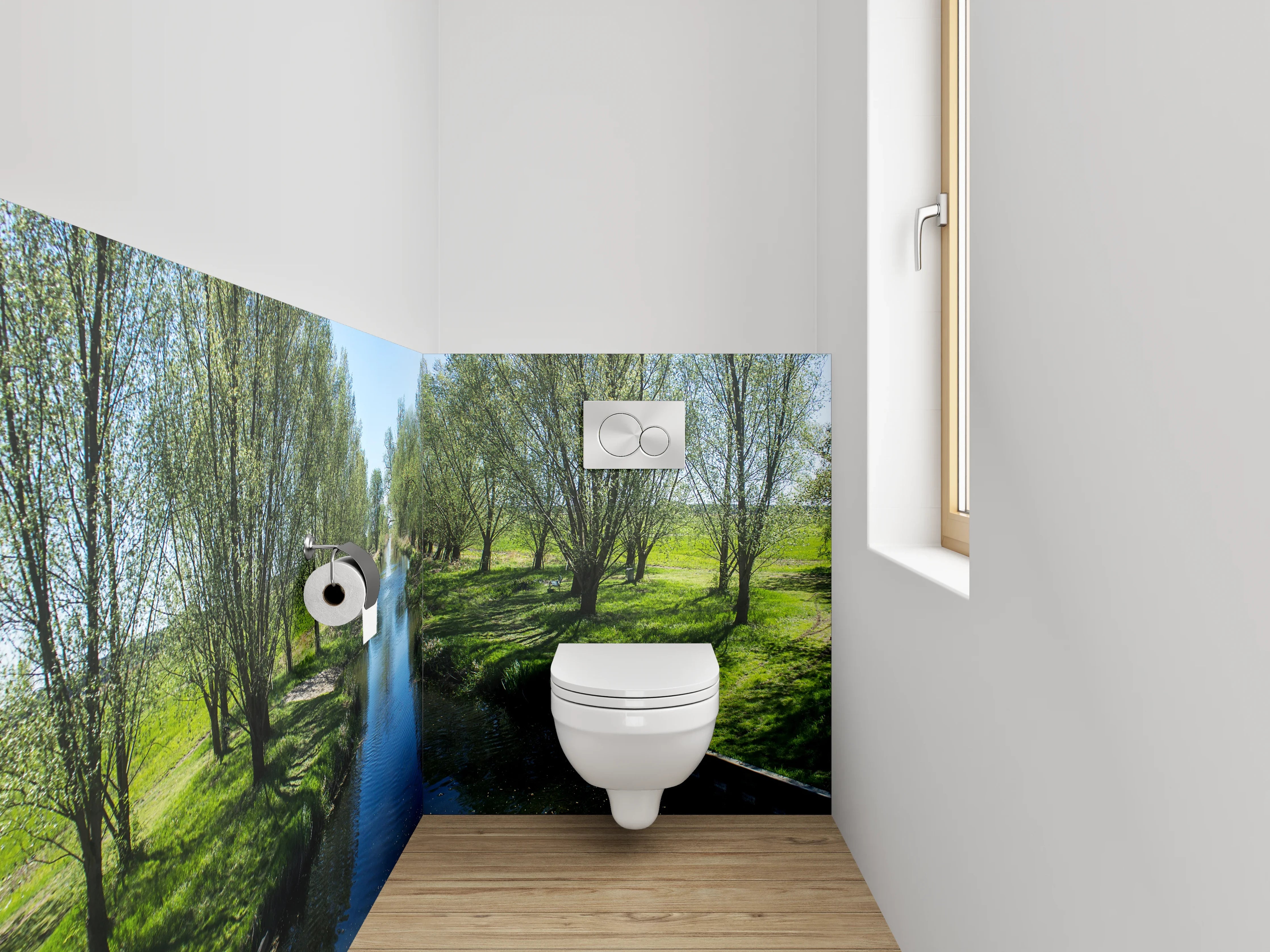 WC-Rückwand - Spiegelnder Kanal mit Bäumen