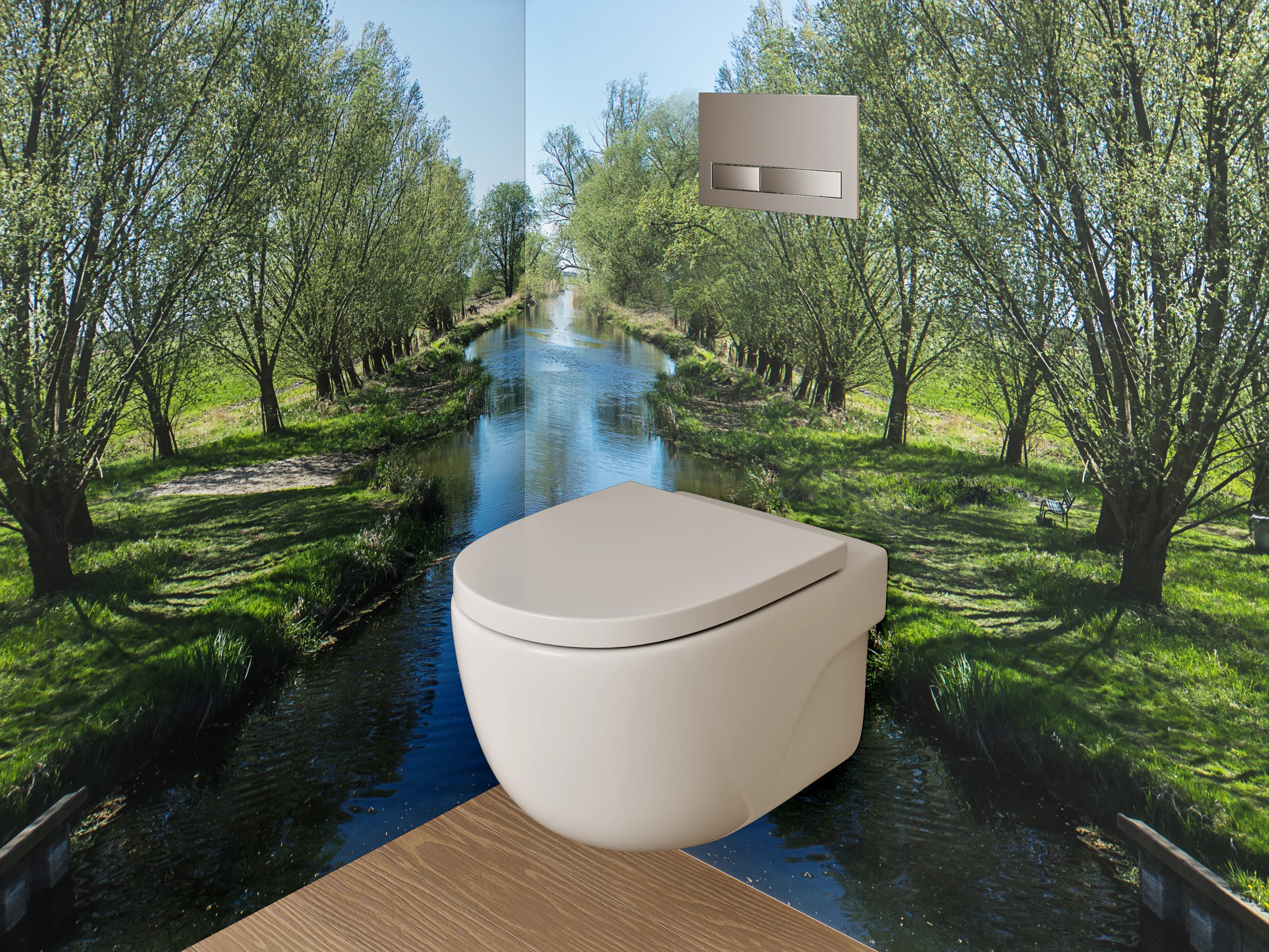 WC-Rückwand - Spiegelnder Kanal mit Bäumen