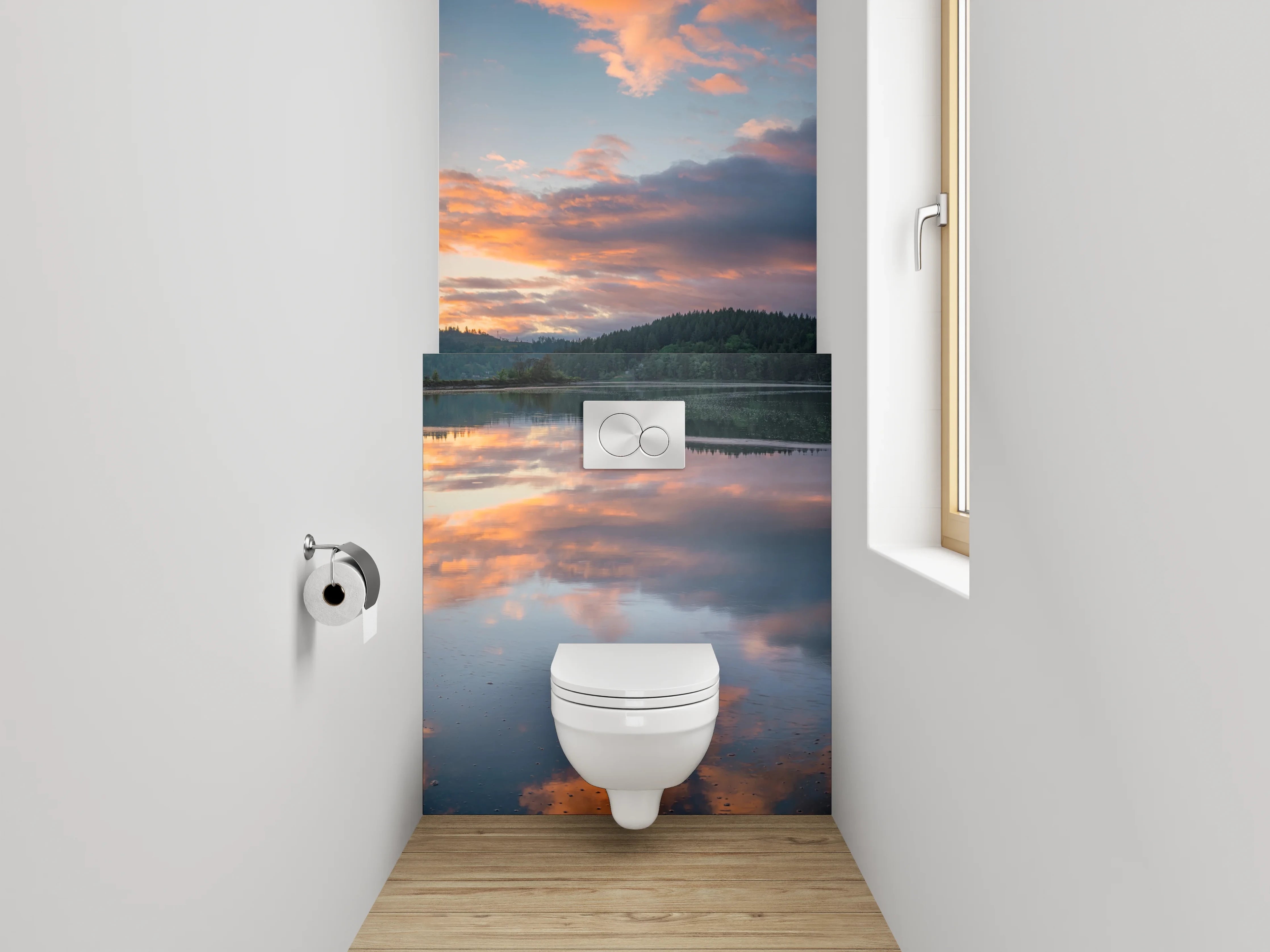 WC-Rückwand - Spiegelnder See mit Sonnenuntergang
