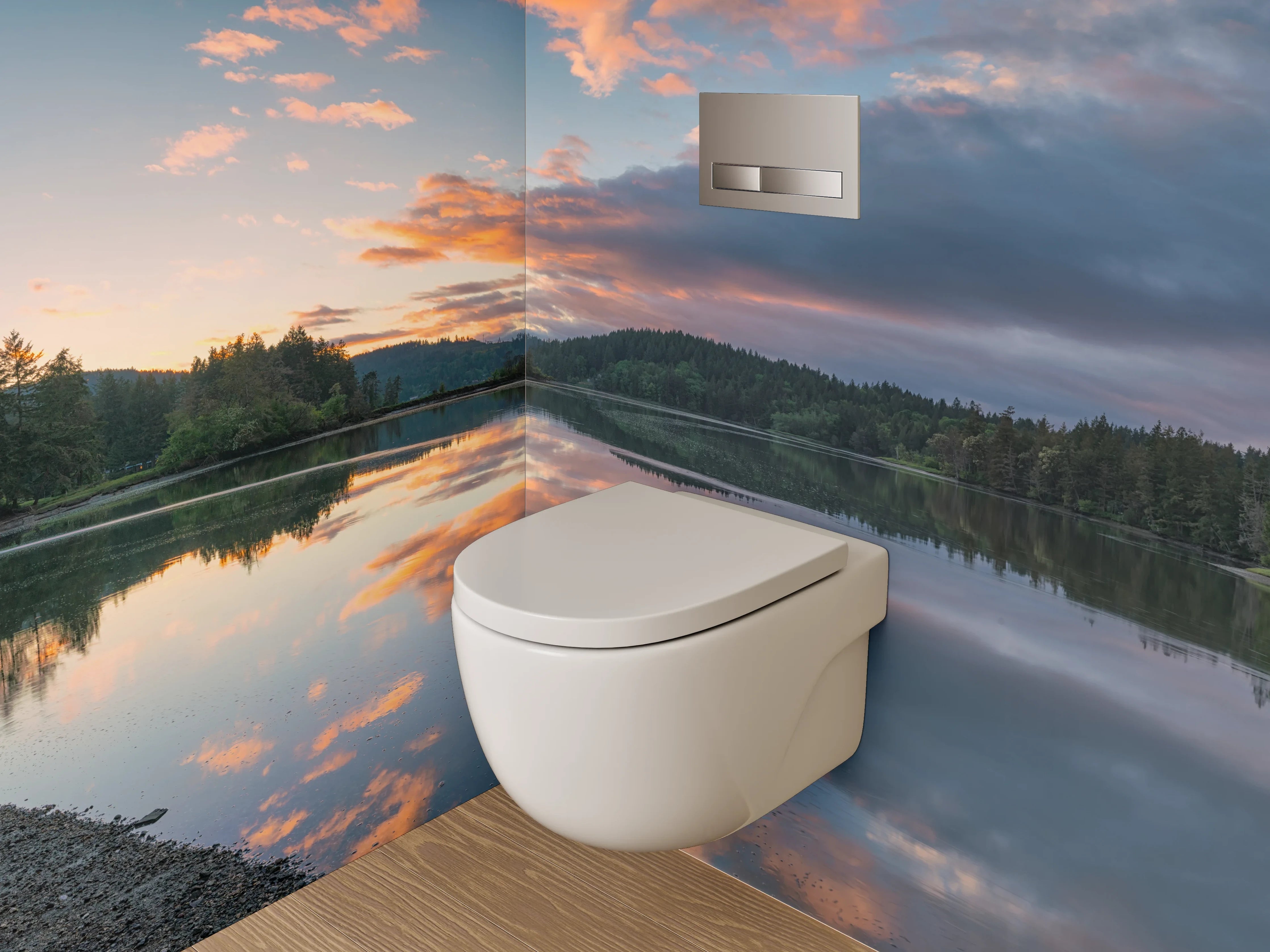 WC-Rückwand - Spiegelnder See mit Sonnenuntergang