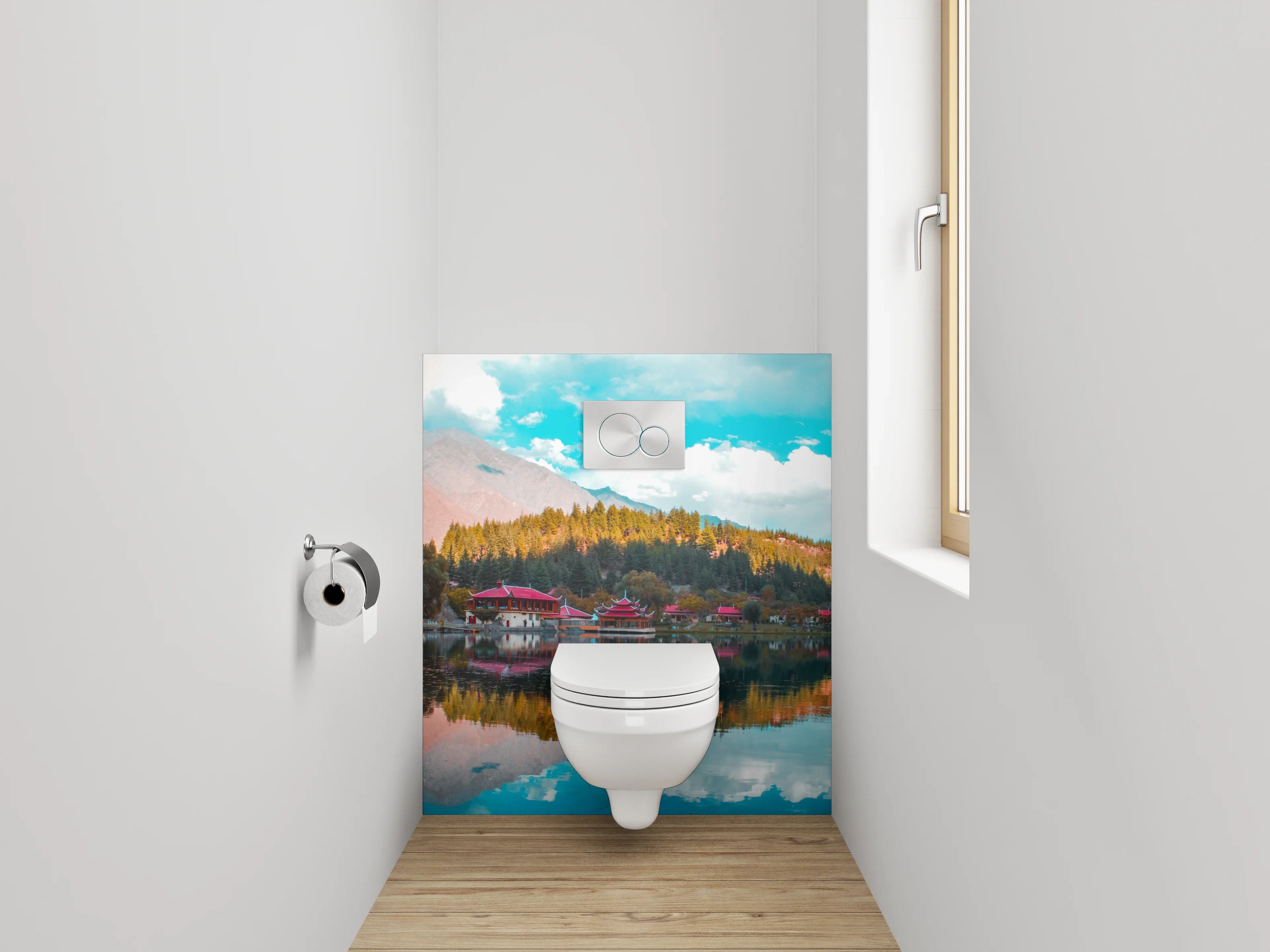 WC-Rückwand - Spiegelnder See vor Bergpanorama
